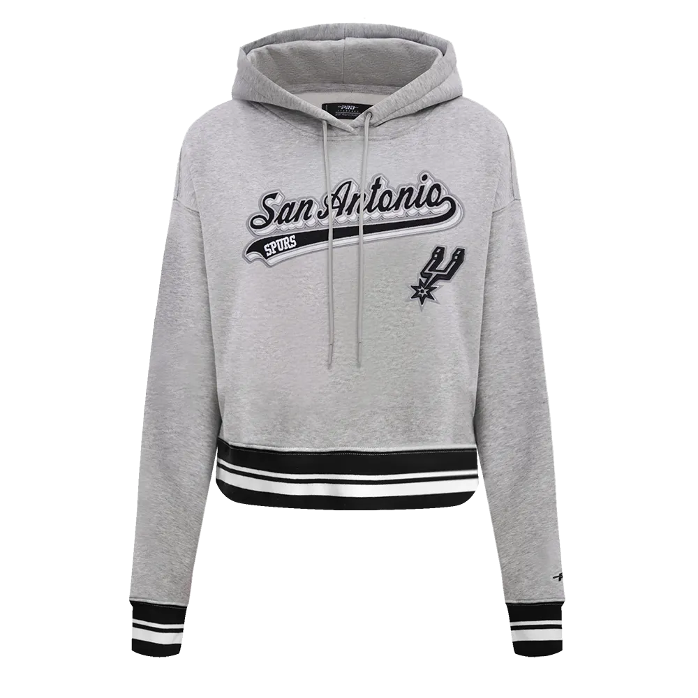 NBA SAN ANTONIO SPURS SCRIPT TAIL WOMEN'S RIB FLC CROPPED PO HOODIE (HEATHER GRAY/BLACK)