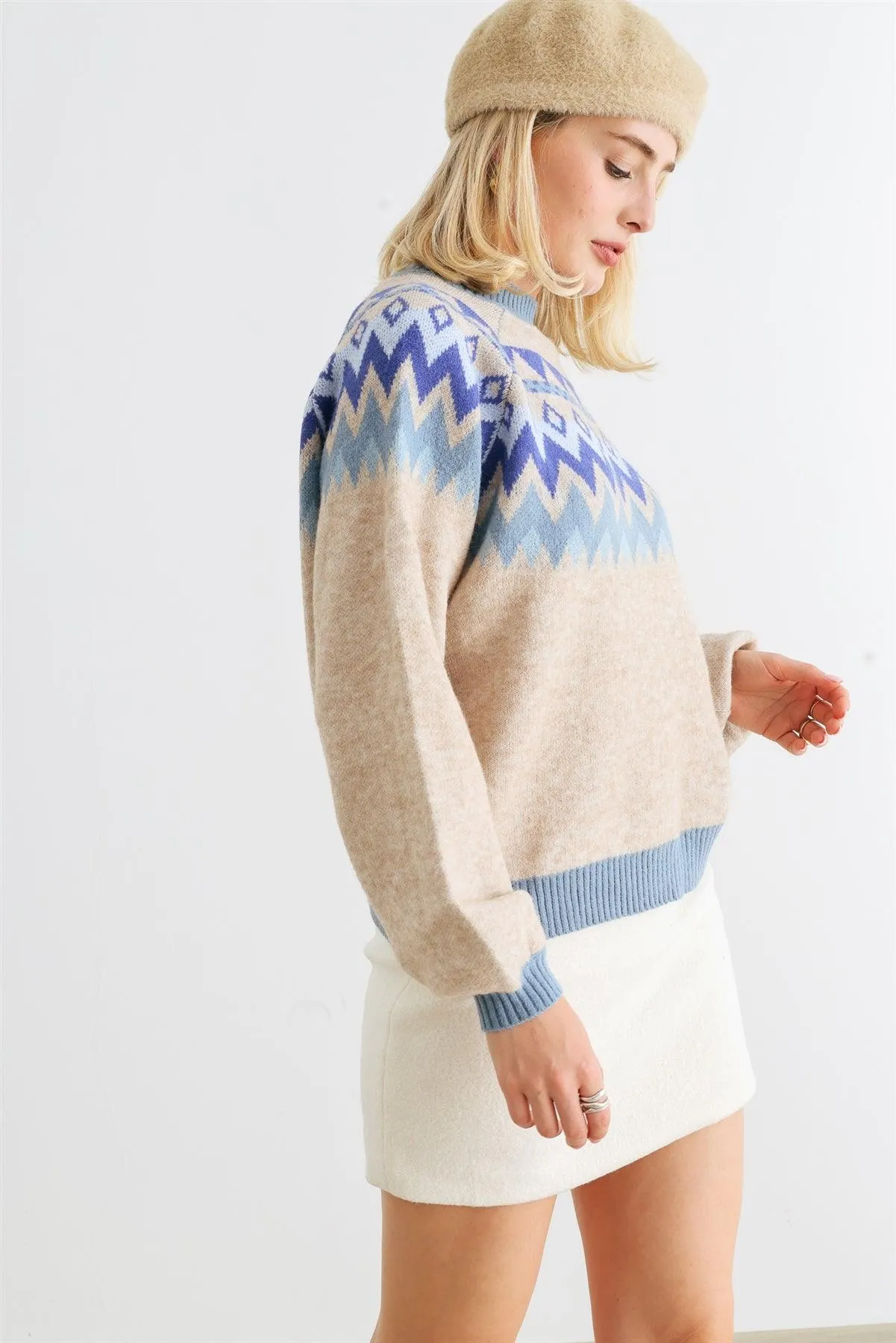 Oatmeal & Blue Tribal Knit Long Sleeve Sweater /2-1-1