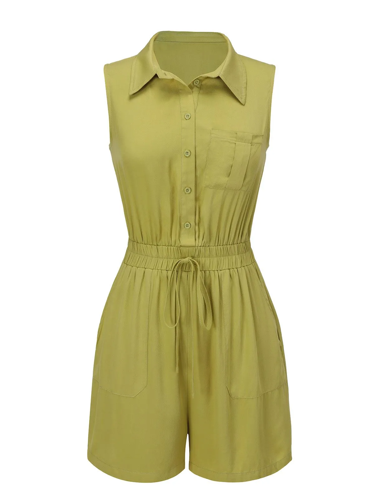 Olive Green 1950s Solid Lapel Belt Romper