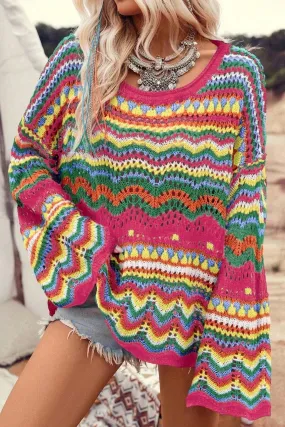 Openwork Round Neck Knit Top Long Sleeve