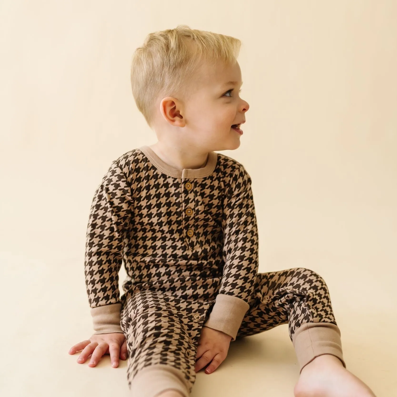 Organic Button Romper - Houndstooth