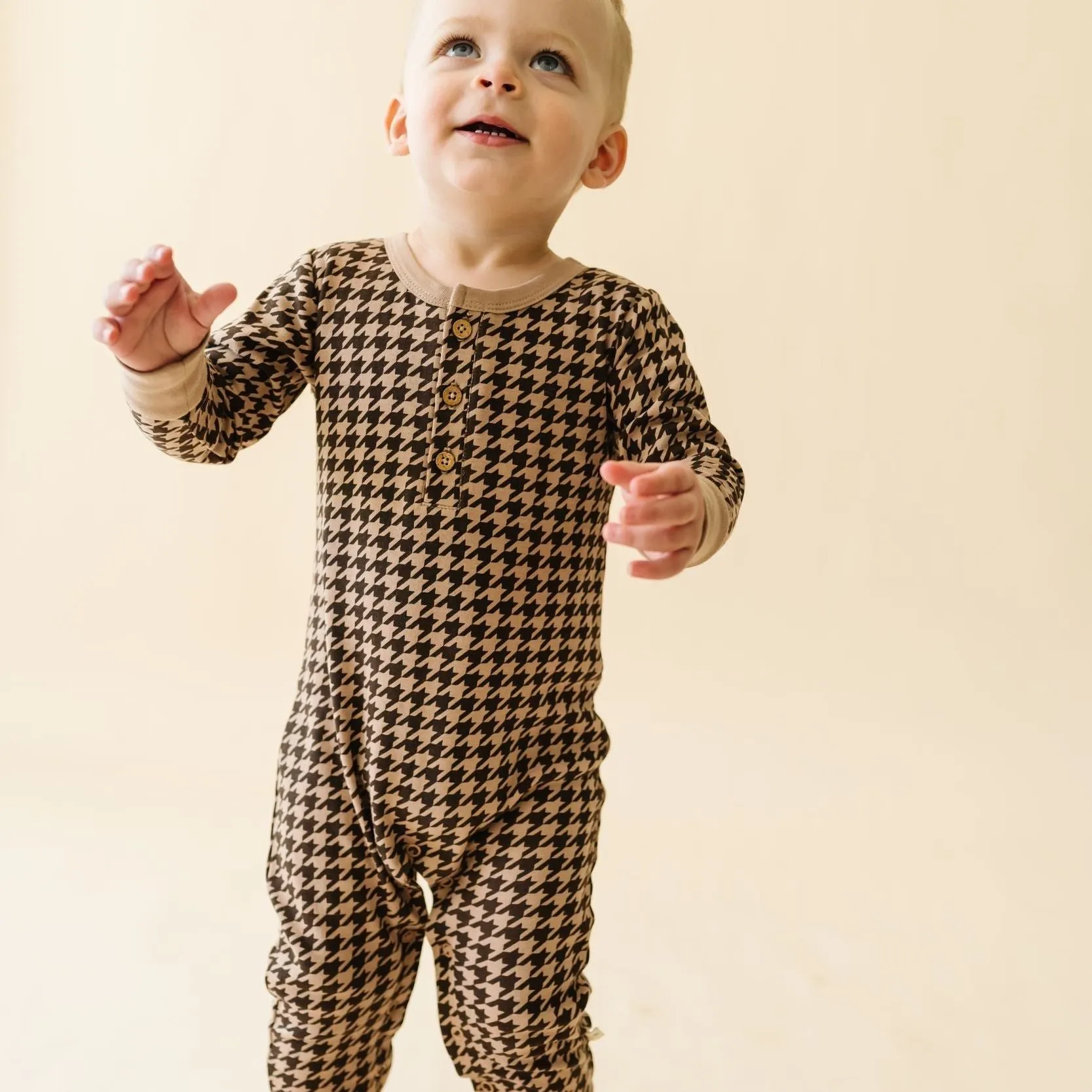 Organic Button Romper - Houndstooth