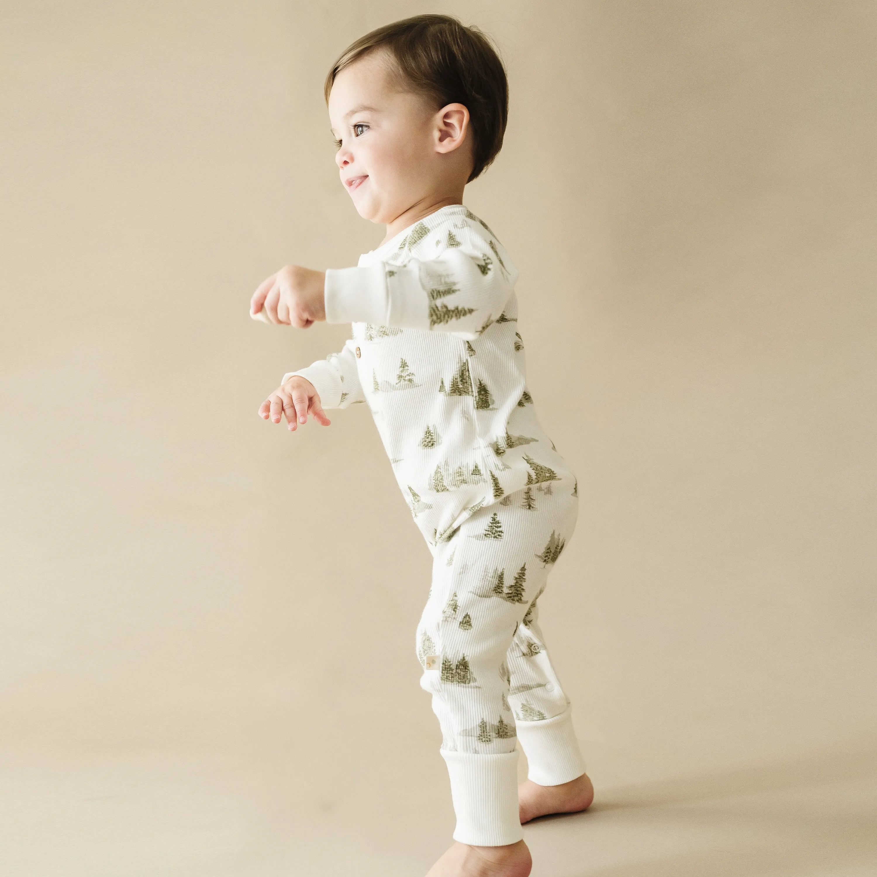 Organic Buttoned Romper - Frosted Fir