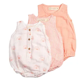 Organic Cotton Muslin Printed Baby Romper | Extra Long | Baby Pink | Pack of 3