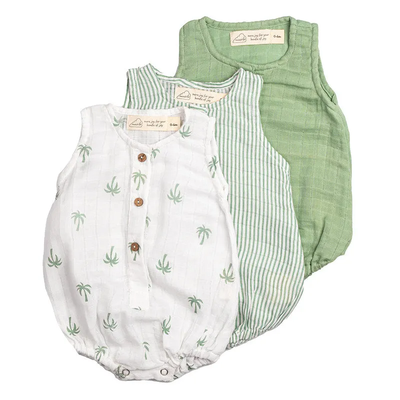 Organic Cotton Muslin Printed Baby Romper | Extra Long | Sage Green | Pack of 3