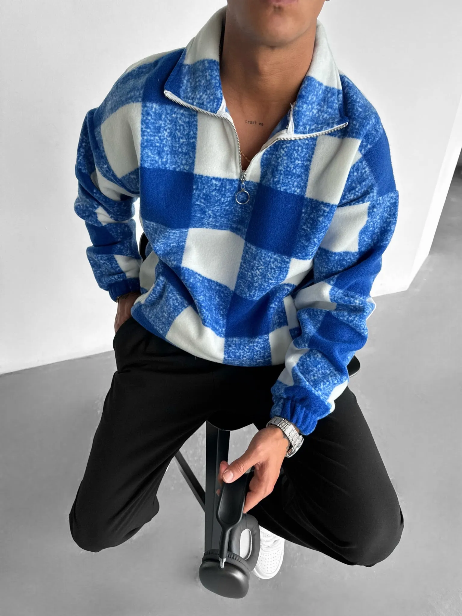 Oversize Checked Zipper Pullover - Saks Blue