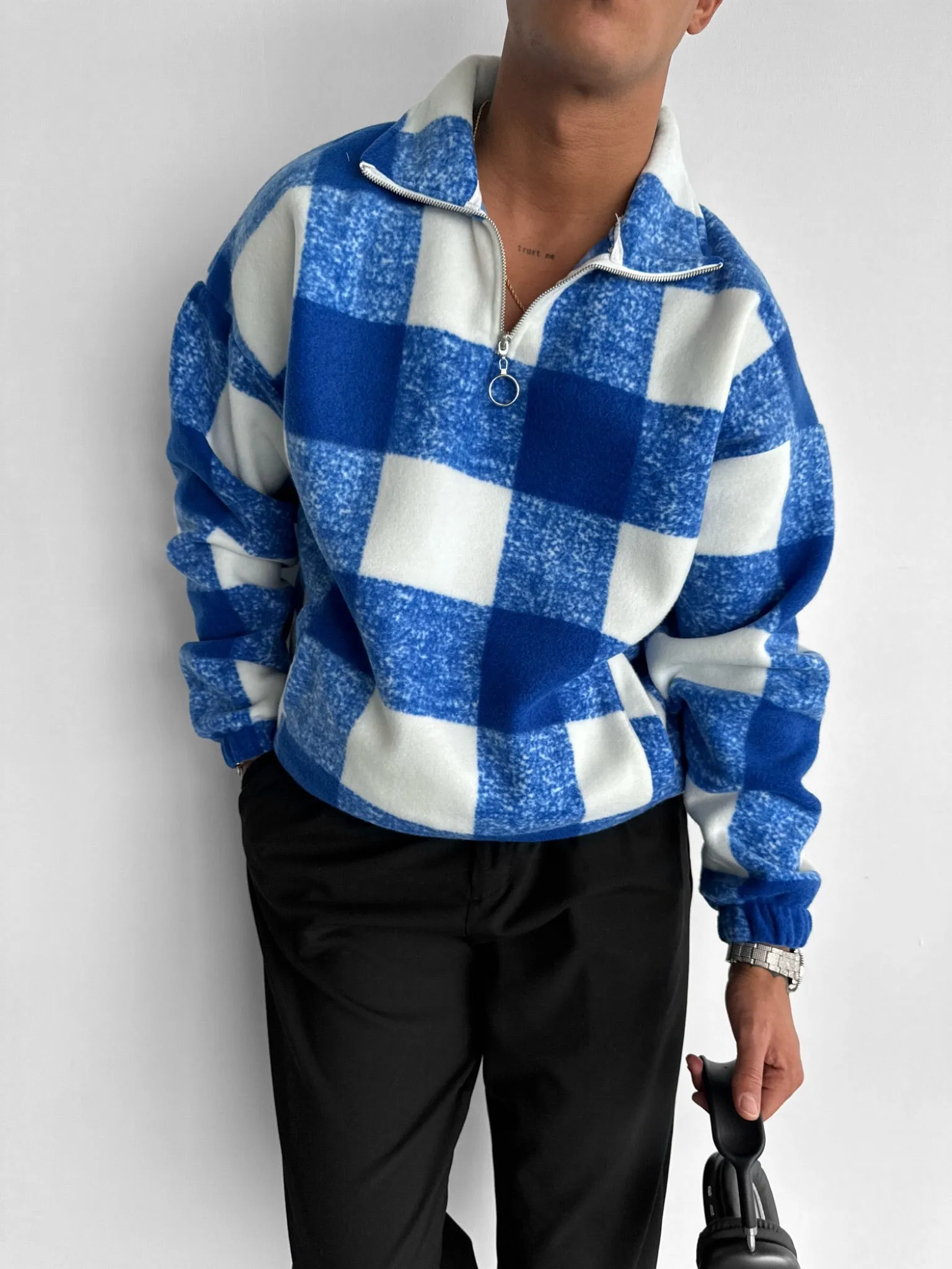 Oversize Checked Zipper Pullover - Saks Blue