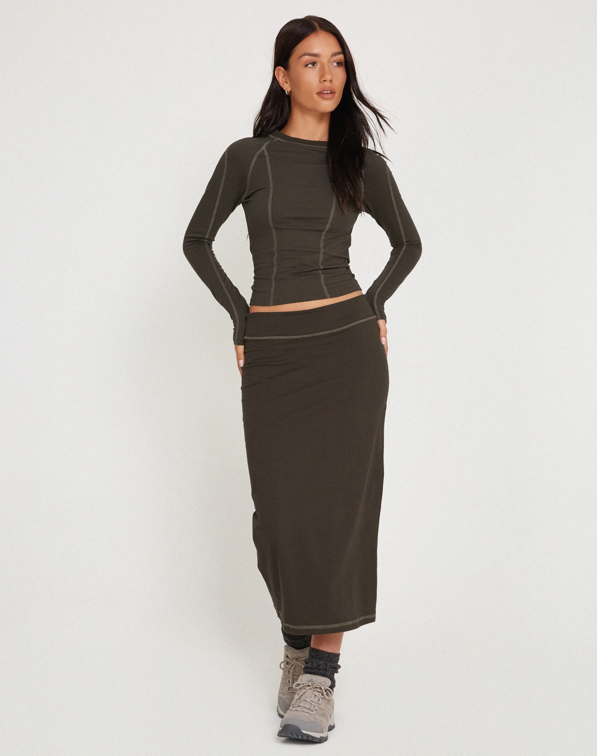 Peka Midi Skirt in Gunmetal with Grey Top Stitch