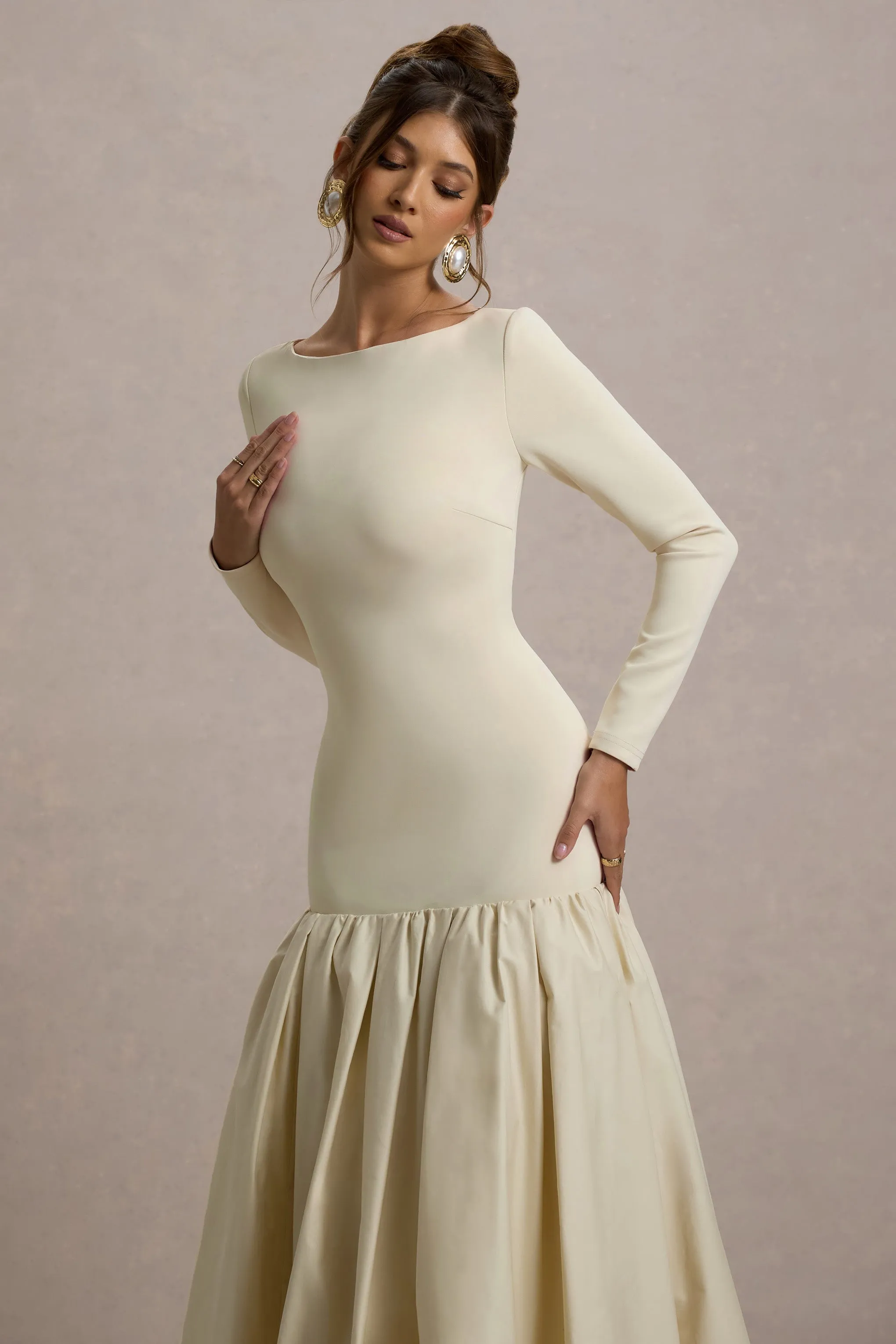 Perpetua | Cream Drop-Waist Midi Dress With Volume Skirt