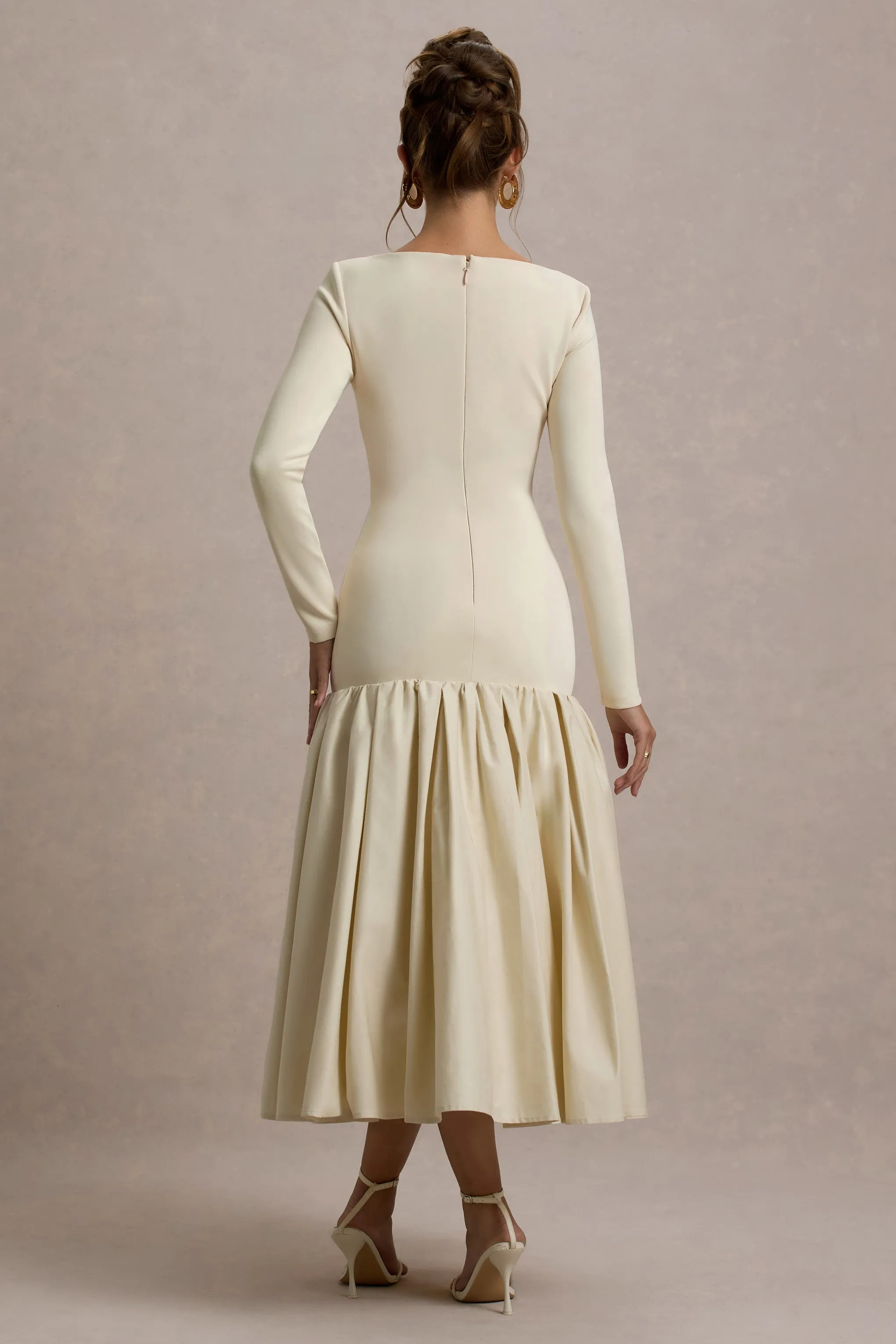 Perpetua | Cream Drop-Waist Midi Dress With Volume Skirt