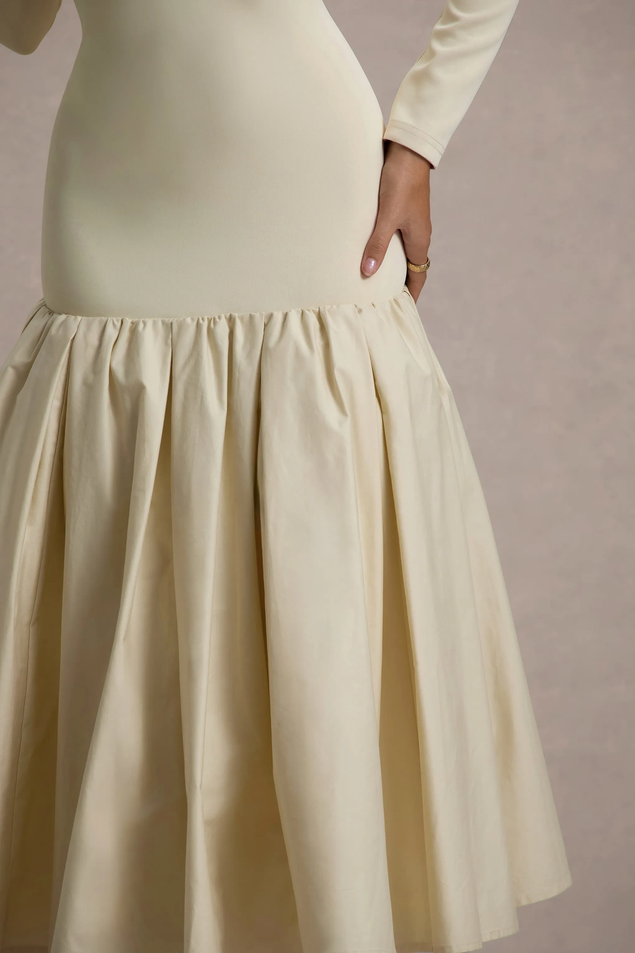 Perpetua | Cream Drop-Waist Midi Dress With Volume Skirt