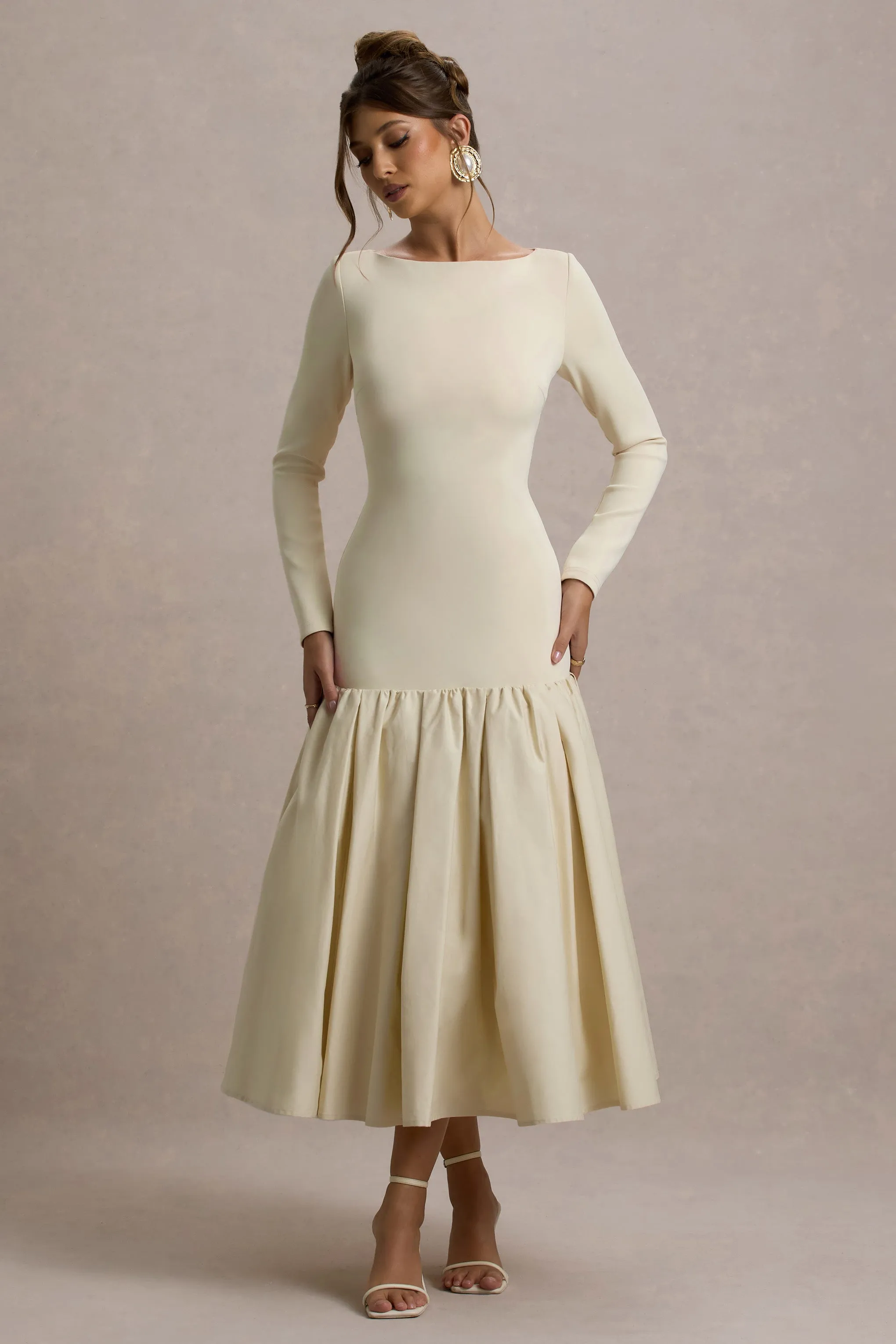 Perpetua | Cream Drop-Waist Midi Dress With Volume Skirt