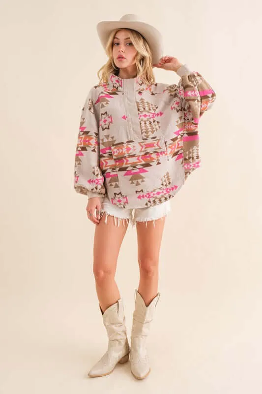 Pink Aztec Western Pullover Sweatshirt