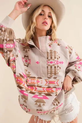 Pink Aztec Western Pullover Sweatshirt