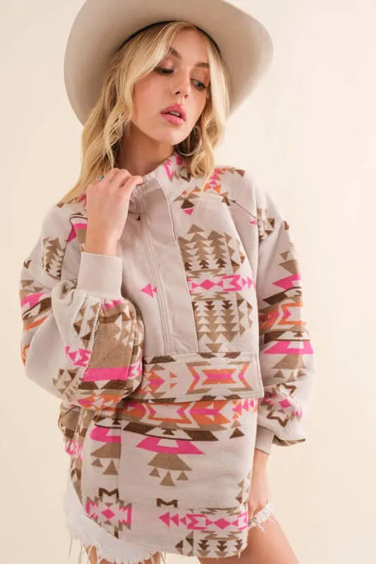 Pink Aztec Western Pullover Sweatshirt