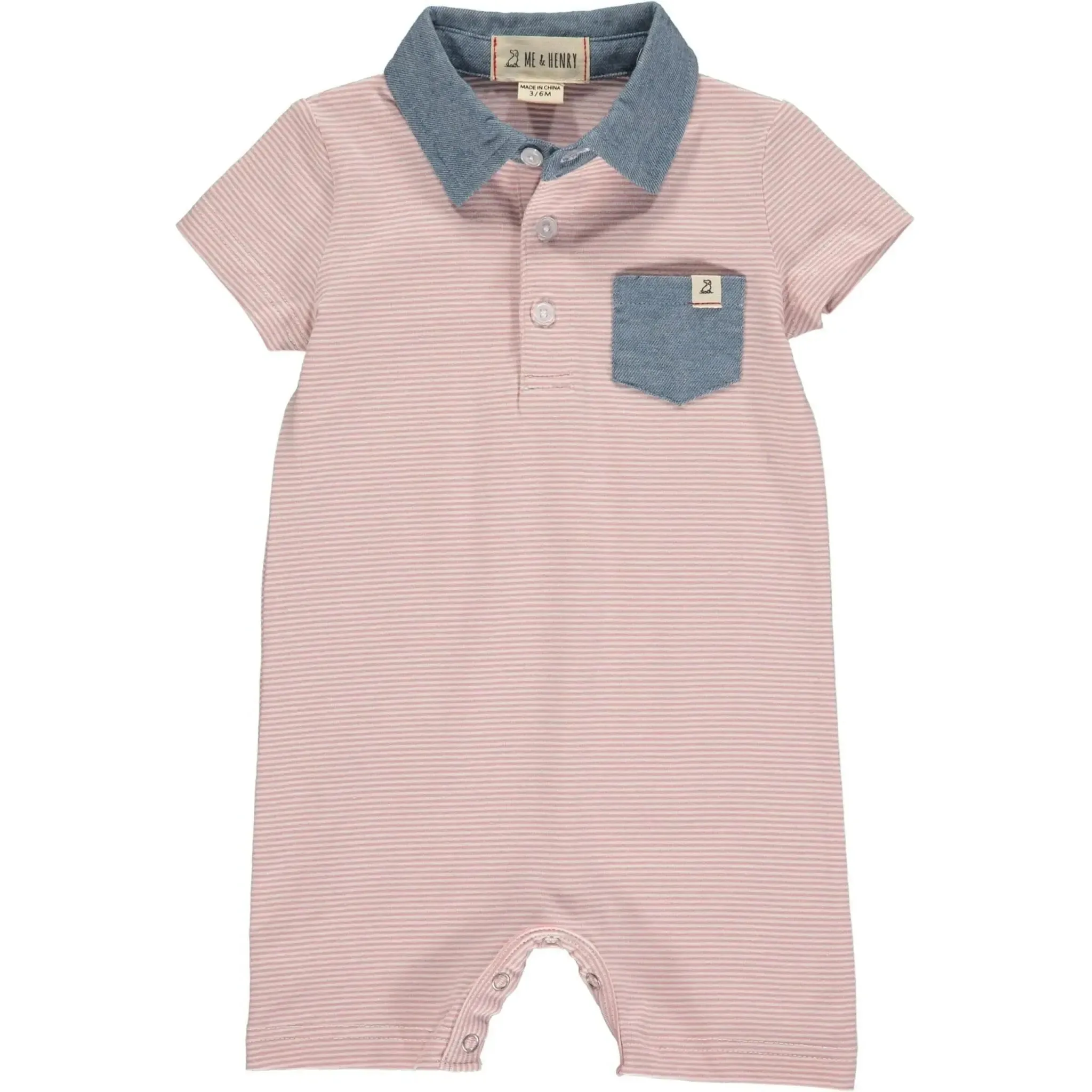 Pink/white stripe polo romper | Me & Henry