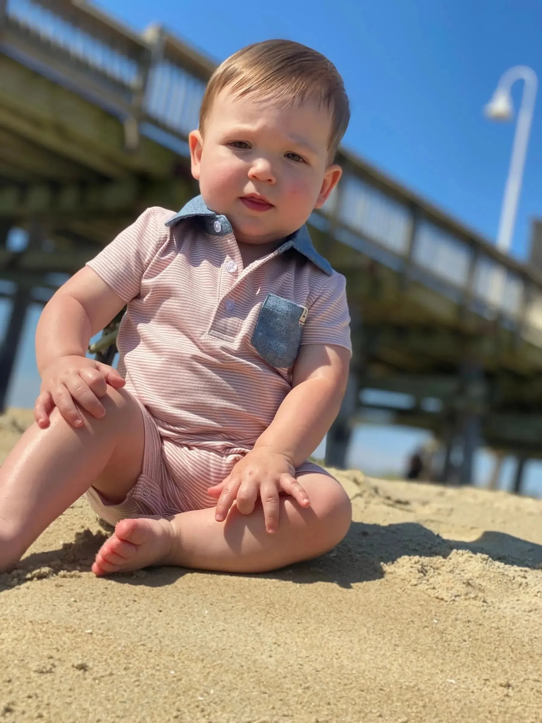 Pink/white stripe polo romper | Me & Henry