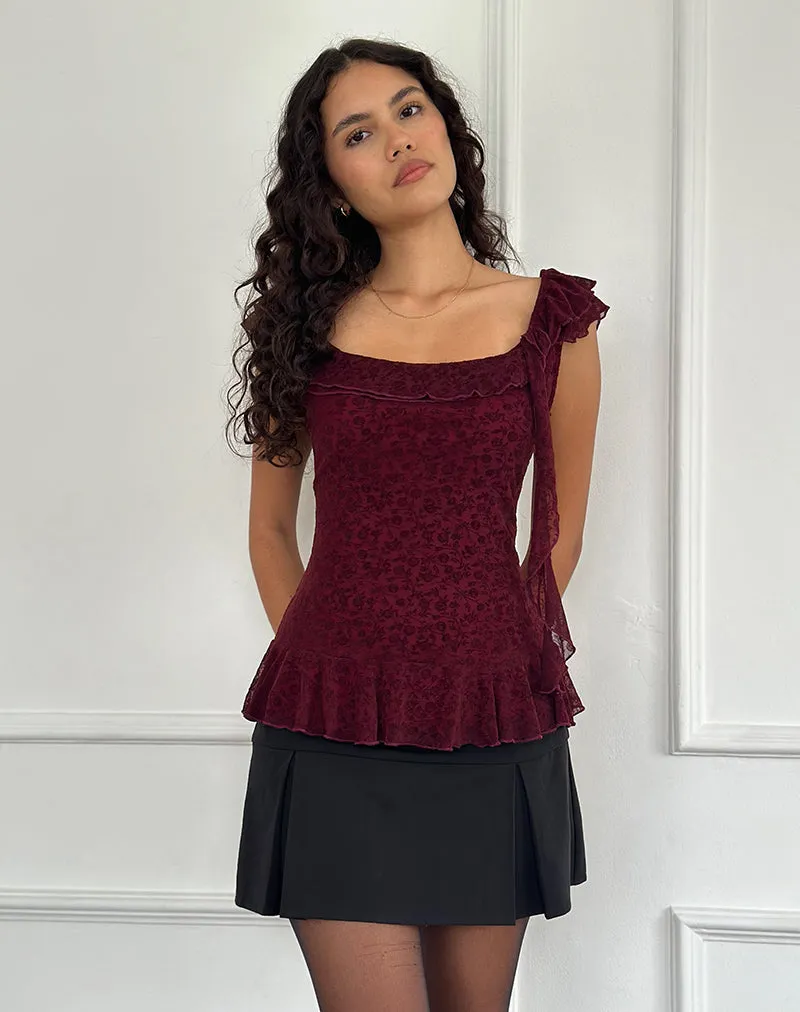 Piroli Top in Ditsy Floral Flock Burnt Maroon