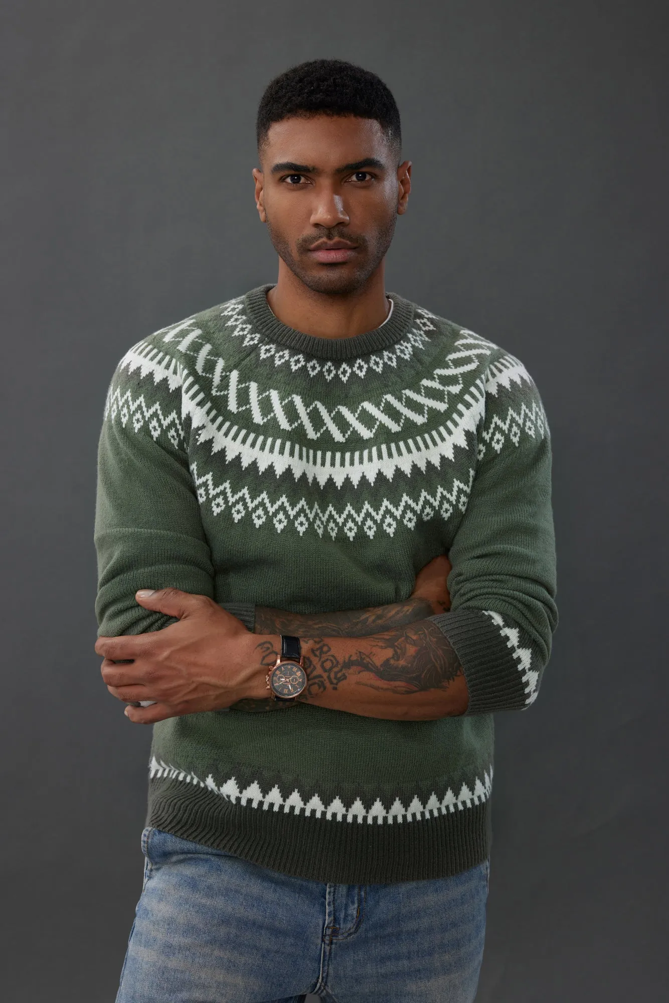 PJ Paul Jones Men's Fair Isle Crewneck Sweater Vintage Casual Pattern Knit Long Sleeve Pullover Sweater