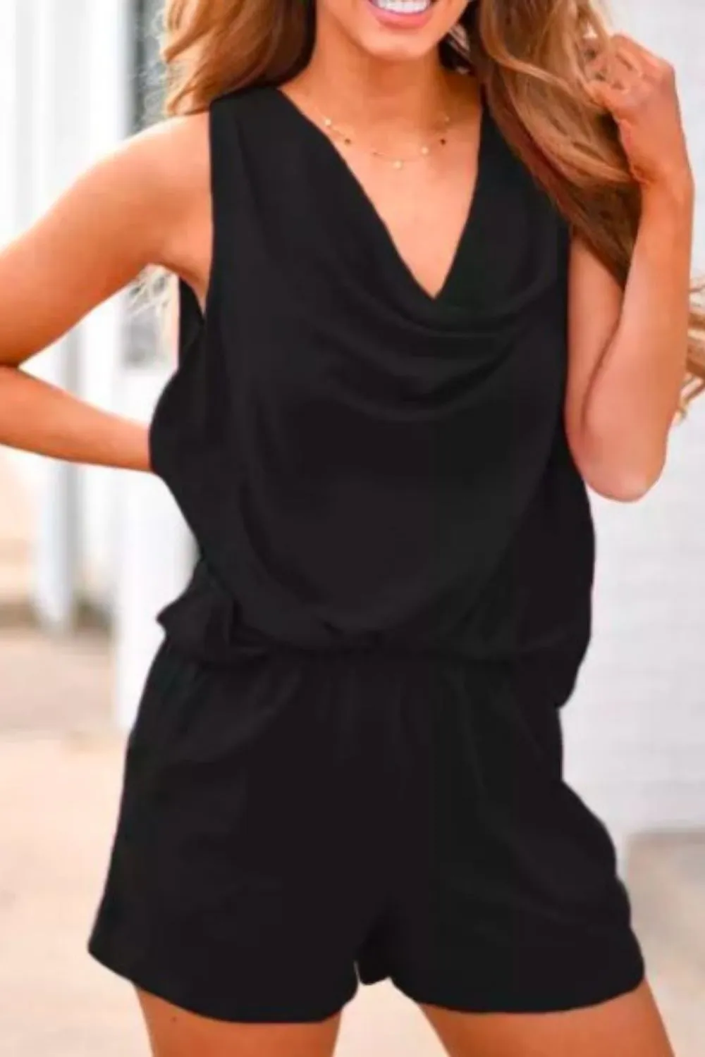 Pocket Tie Open Back 
Romper In Black