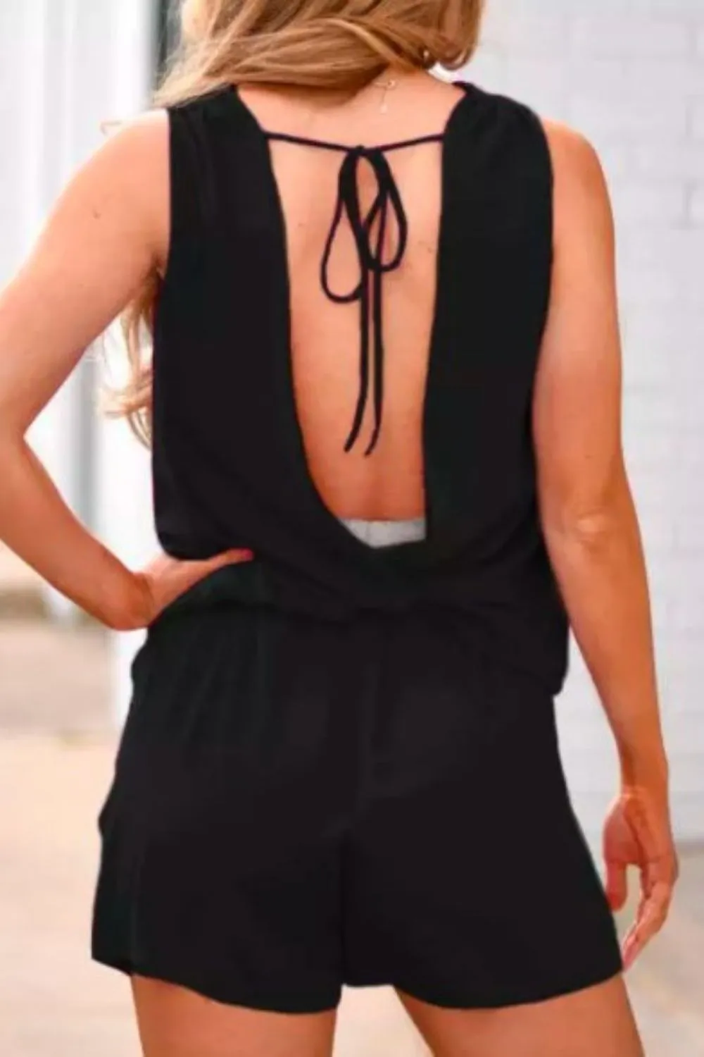 Pocket Tie Open Back 
Romper In Black