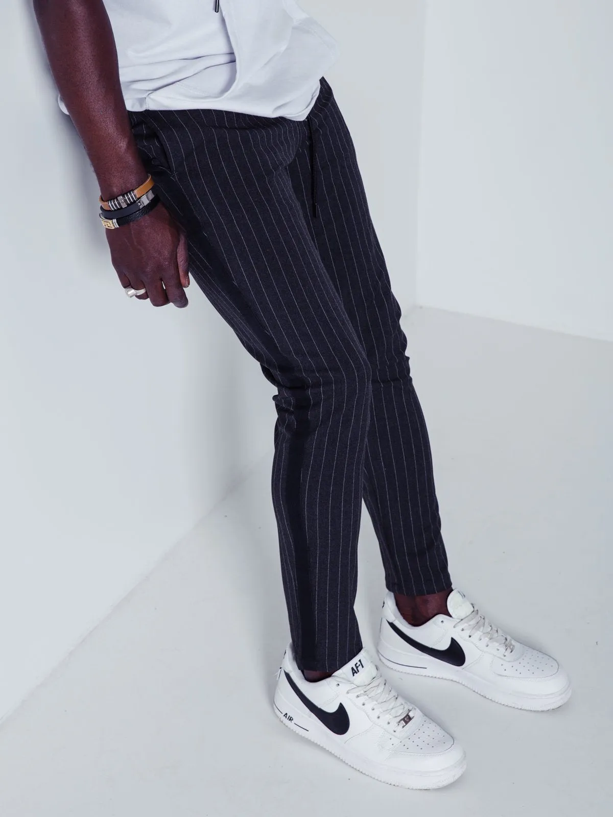 Premium Striped Ankle Pants - Charcoal