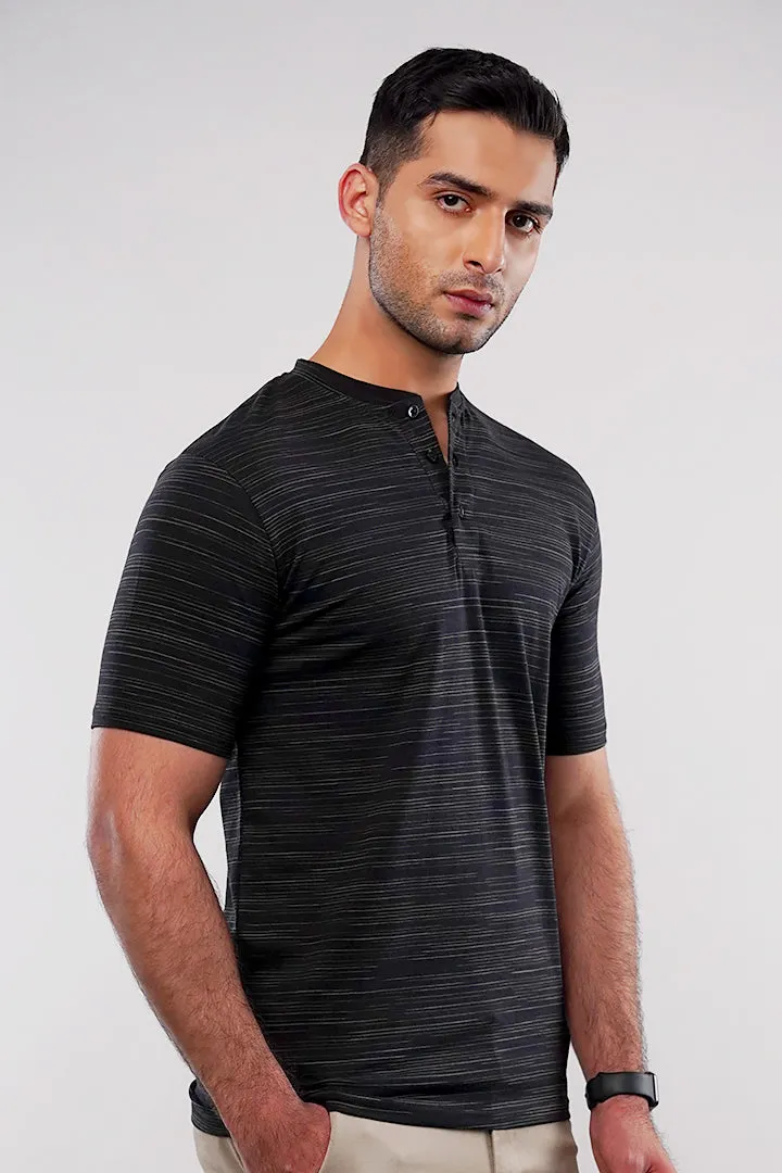 Printed Henley T-Shirt - Black