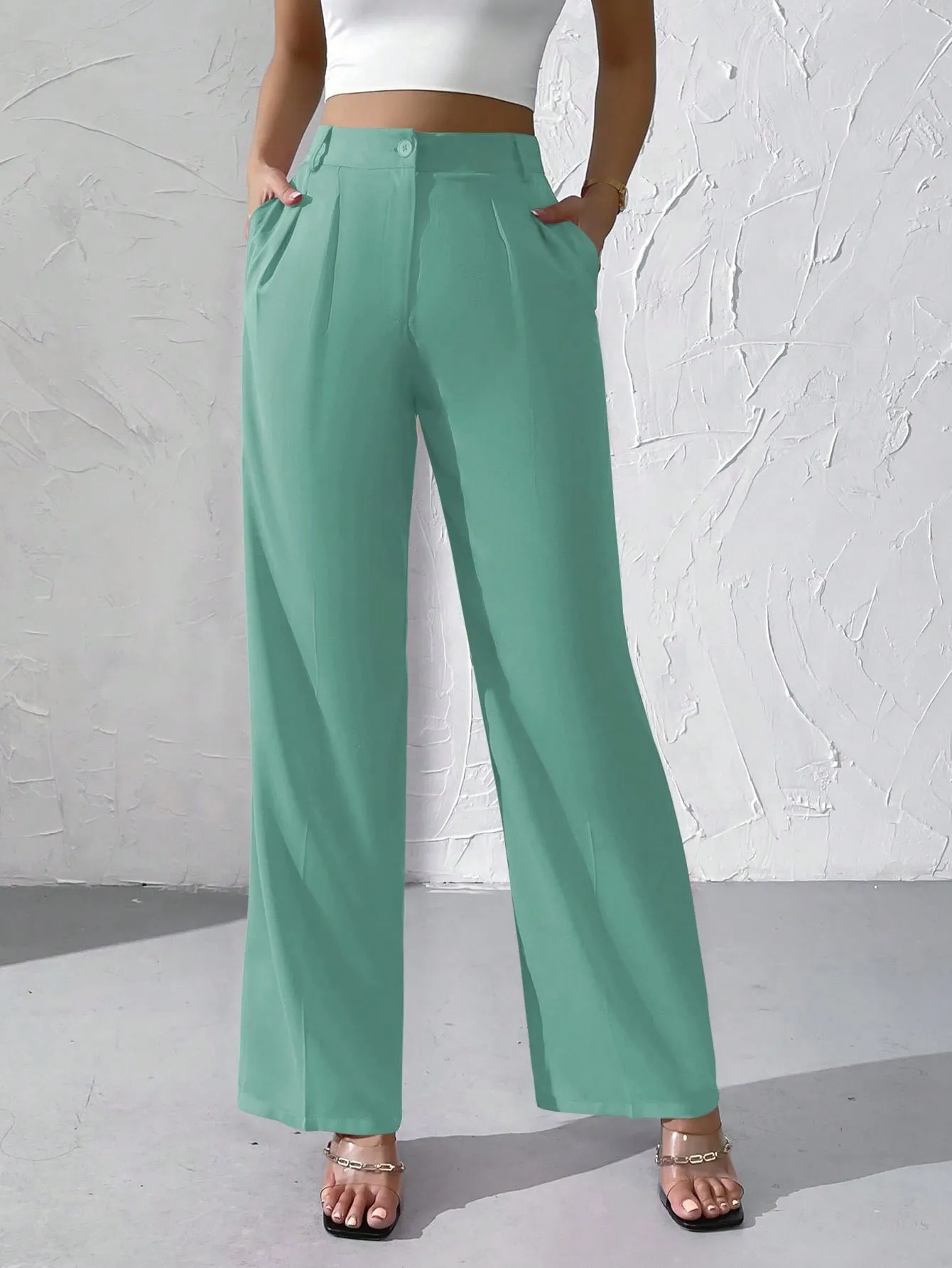 Privé High Waist Plicated Detail Straight Leg Pants