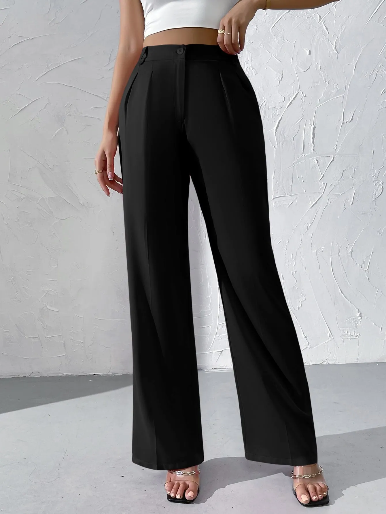 Privé High Waist Plicated Detail Straight Leg Pants