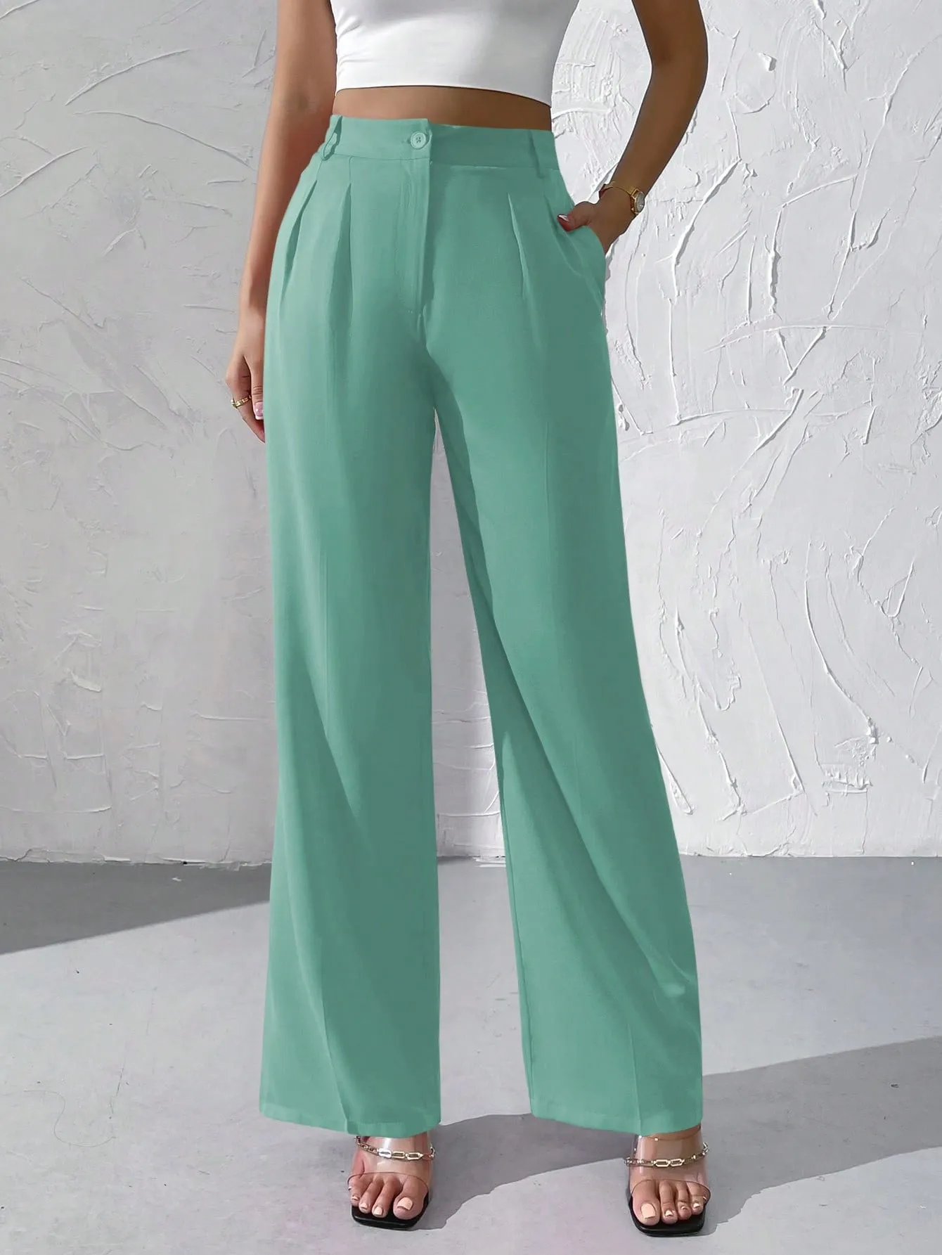 Privé High Waist Plicated Detail Straight Leg Pants