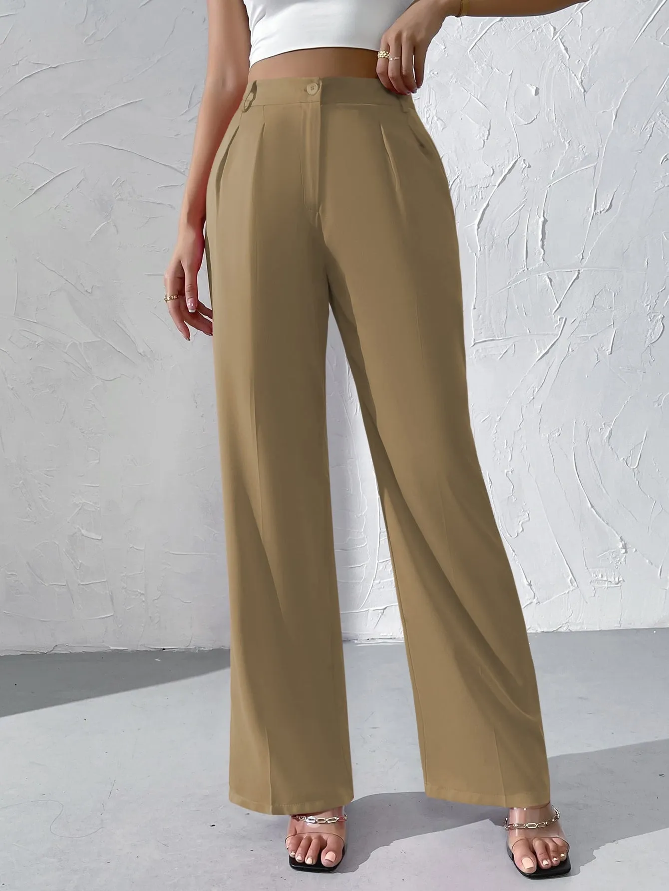 Privé High Waist Plicated Detail Straight Leg Pants