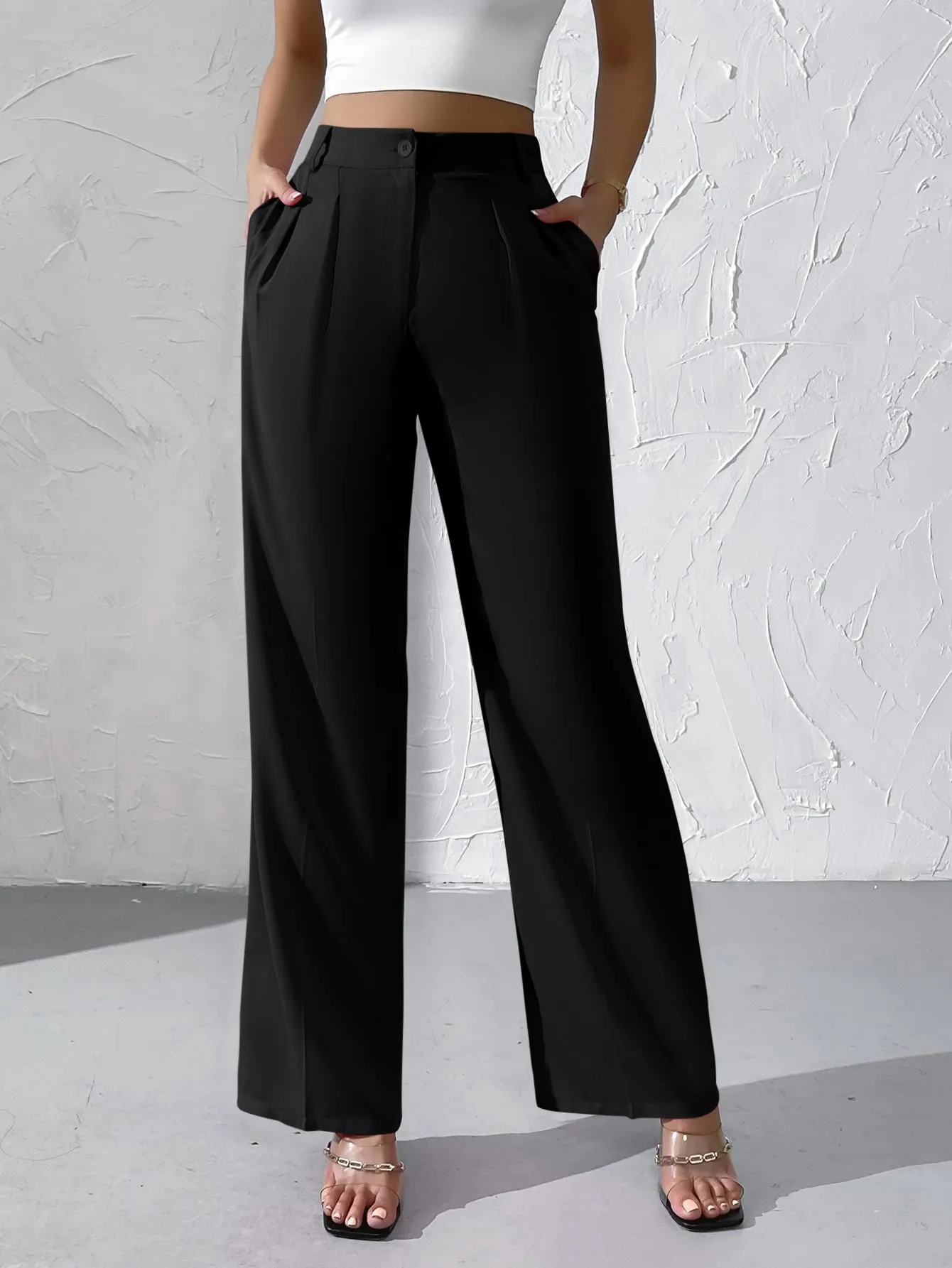 Privé High Waist Plicated Detail Straight Leg Pants