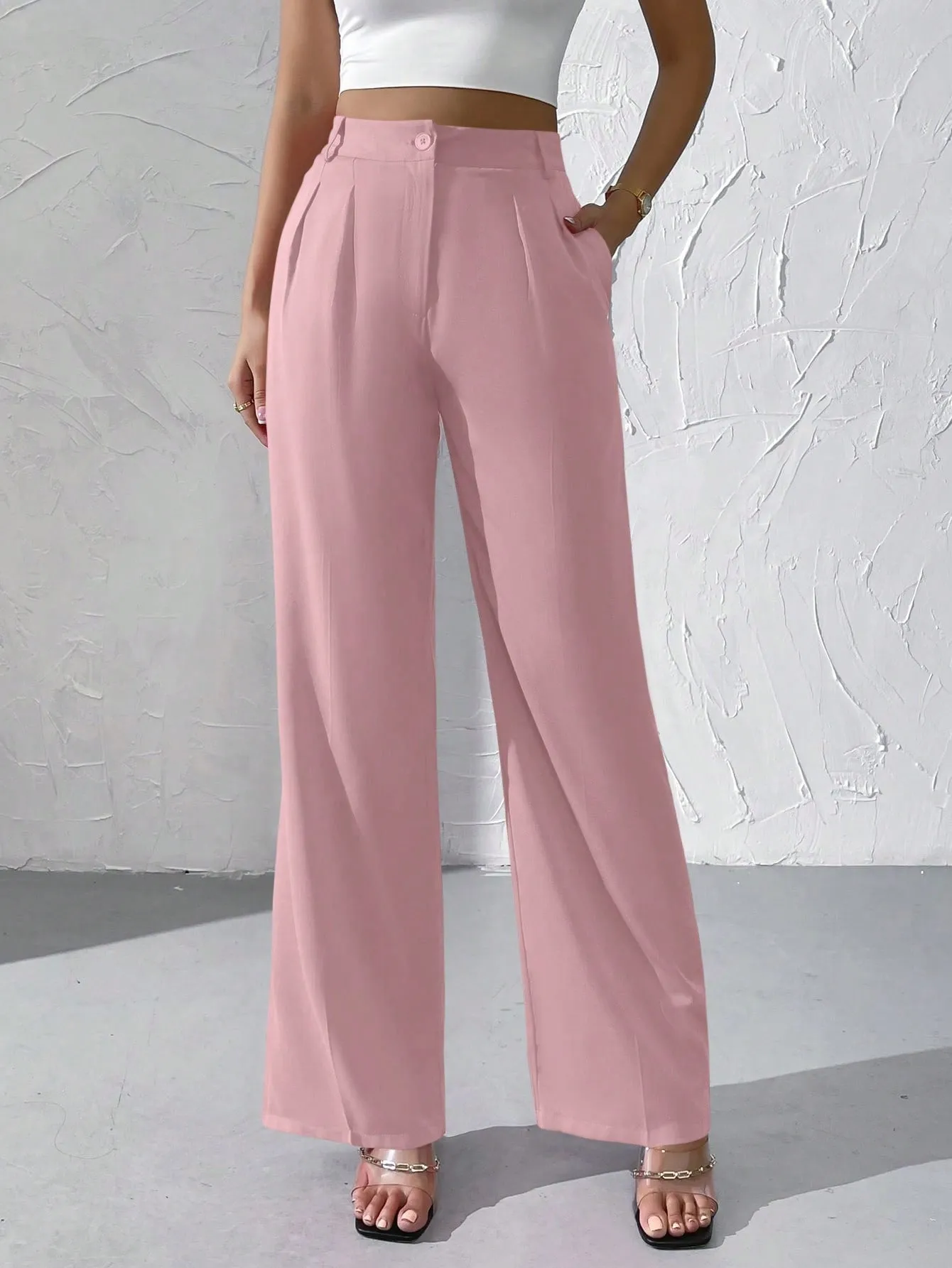 Privé High Waist Plicated Detail Straight Leg Pants