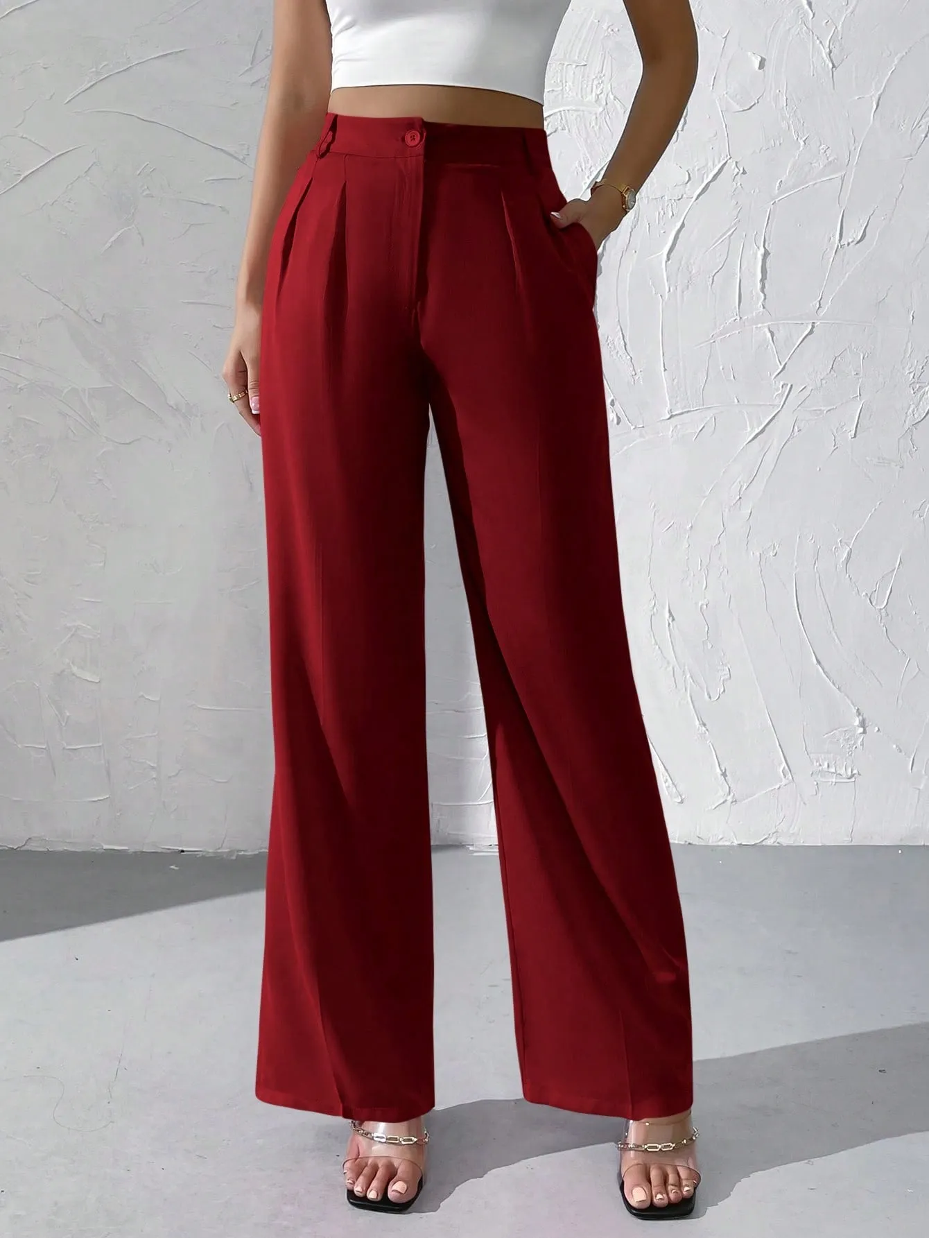 Privé High Waist Plicated Detail Straight Leg Pants