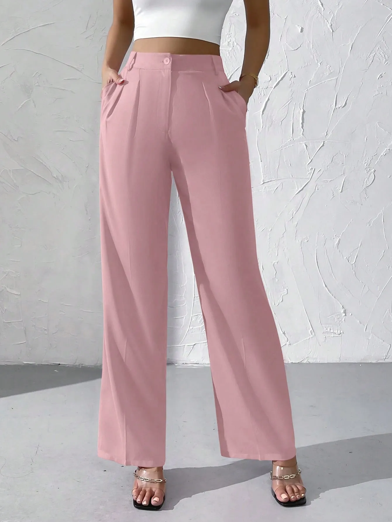 Privé High Waist Plicated Detail Straight Leg Pants