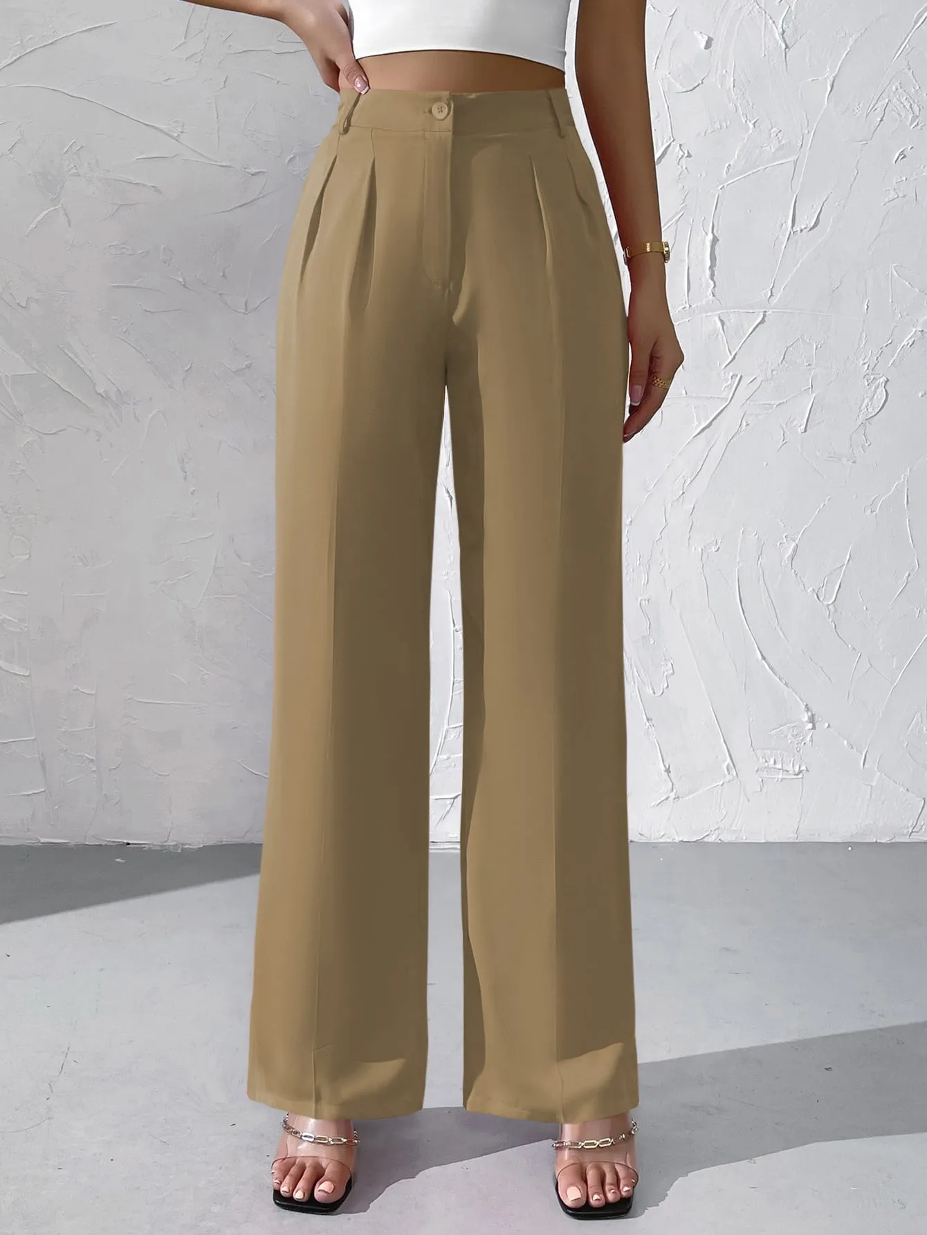 Privé High Waist Plicated Detail Straight Leg Pants