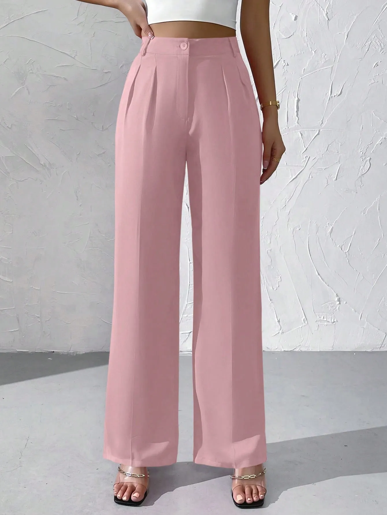 Privé High Waist Plicated Detail Straight Leg Pants