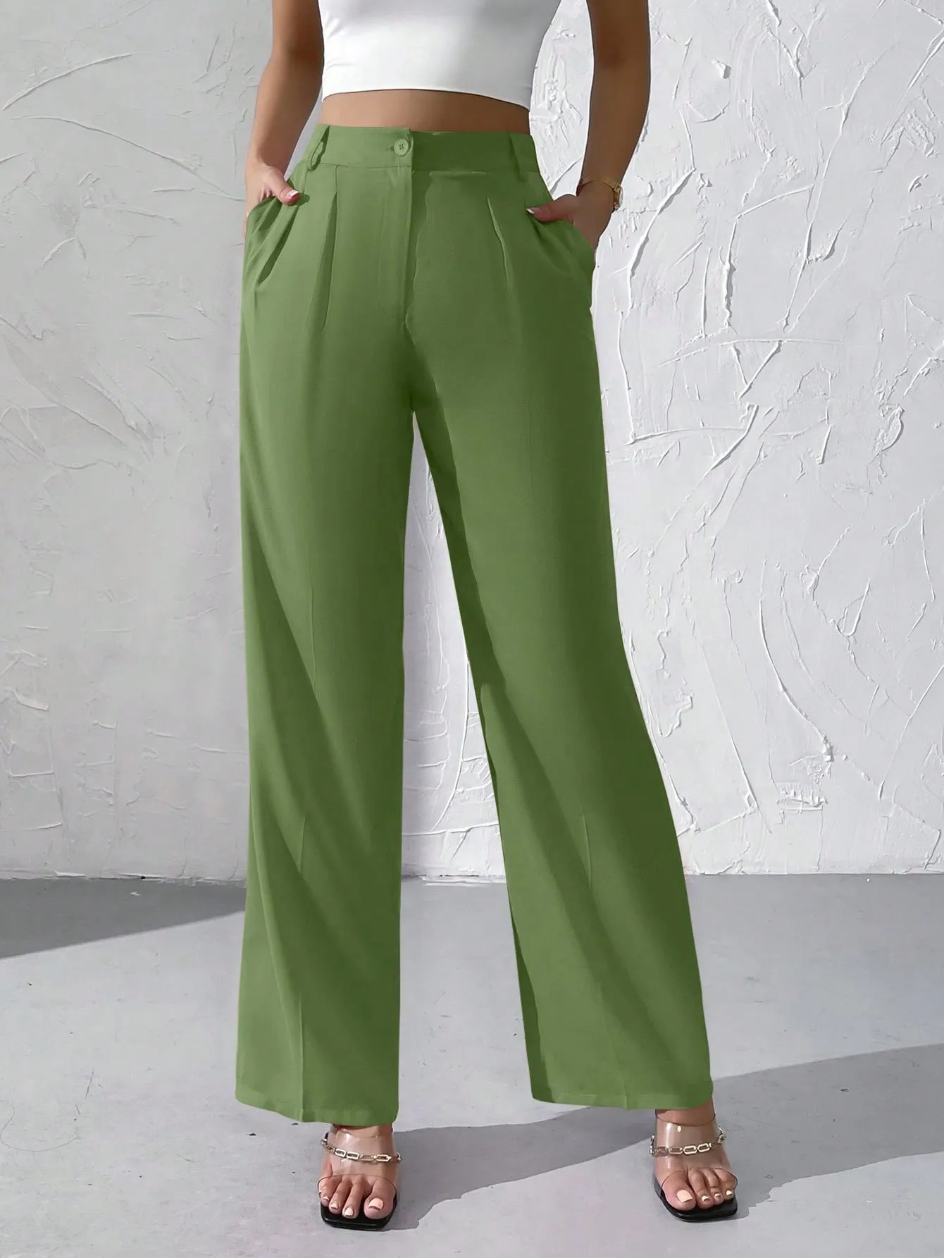 Privé High Waist Plicated Detail Straight Leg Pants