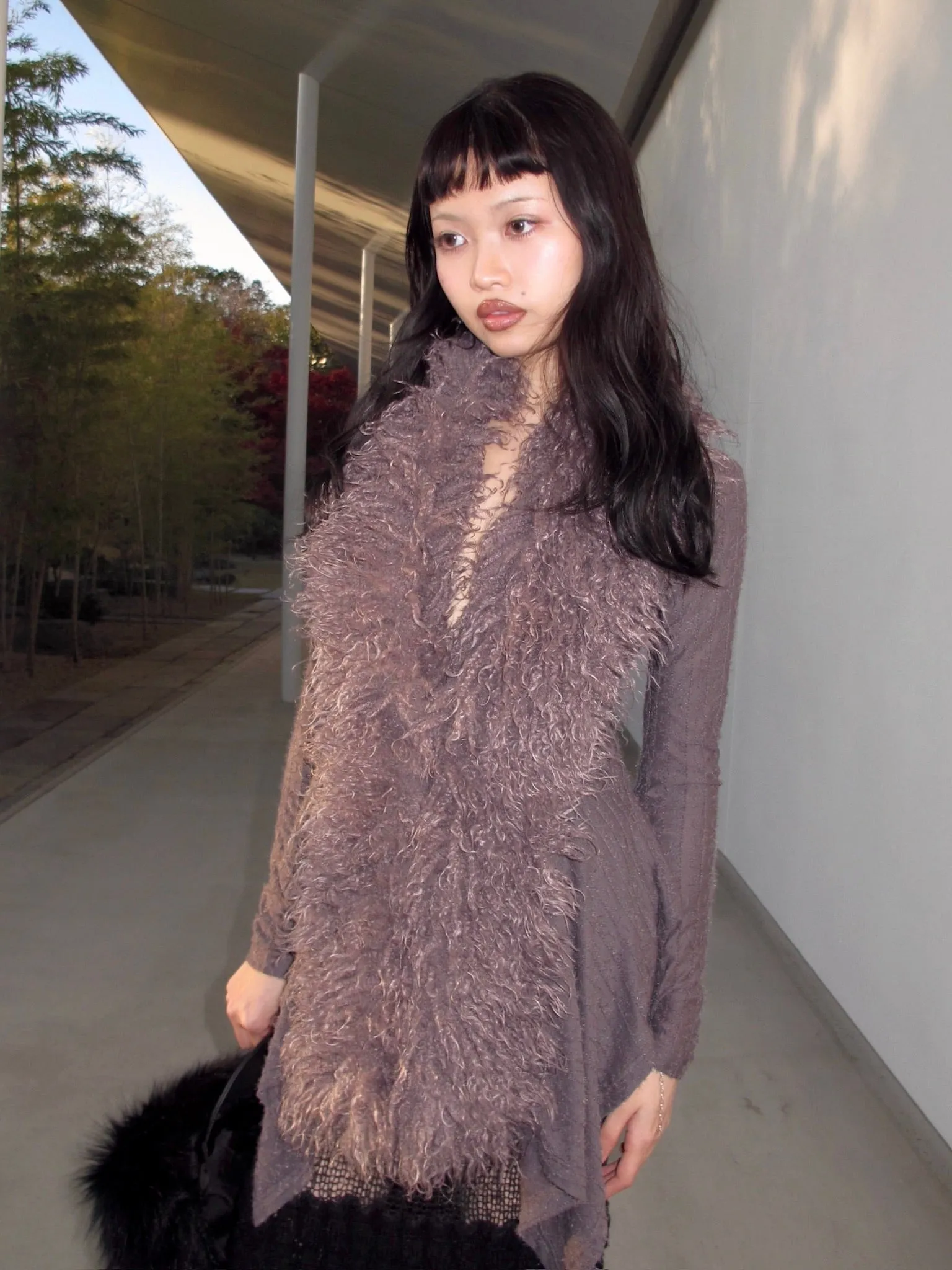 Purple grey fur( long at the front and short at the back ) slimming knit long sleeve cardigan/jacket/top