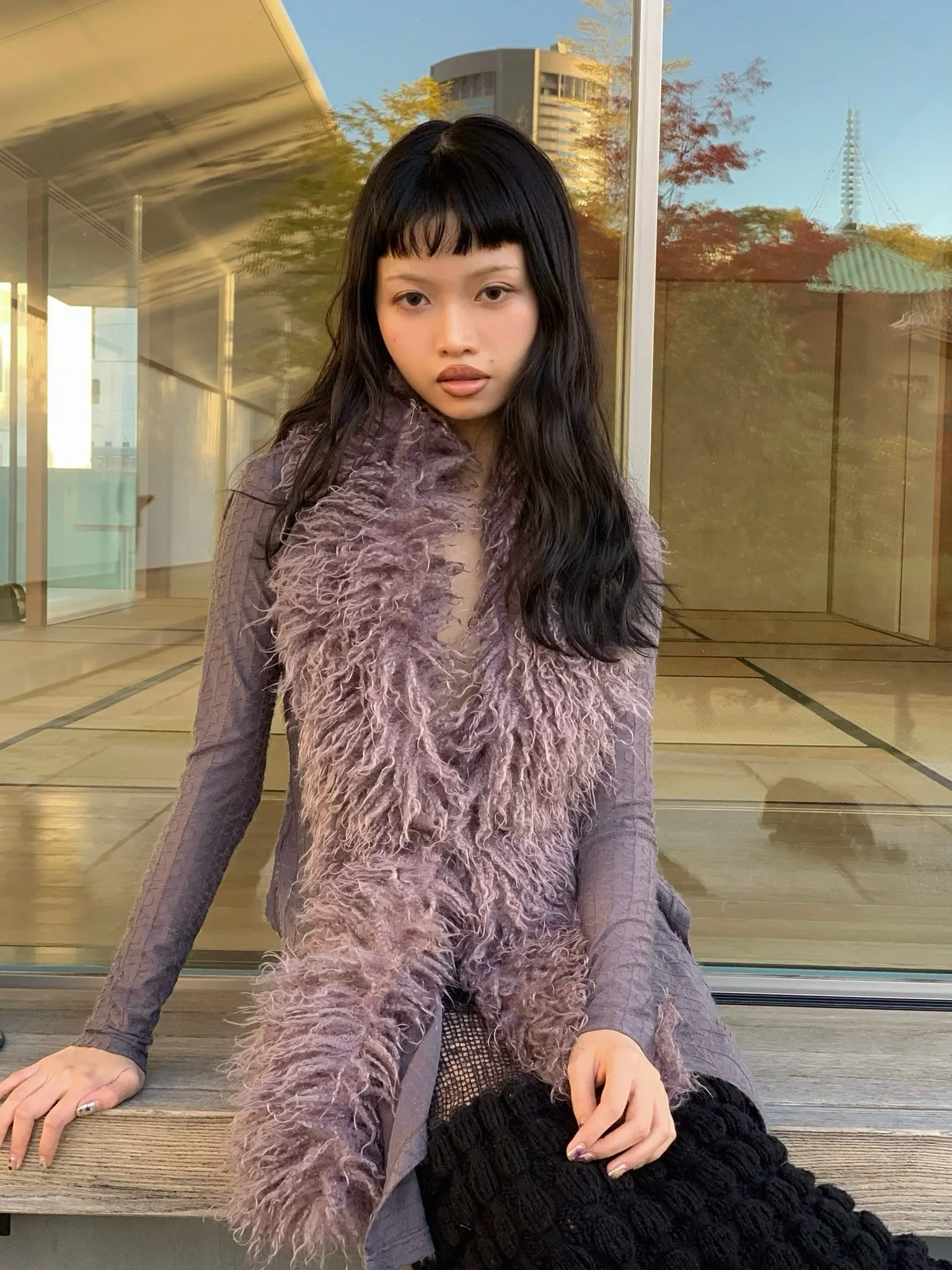 Purple grey fur( long at the front and short at the back ) slimming knit long sleeve cardigan/jacket/top