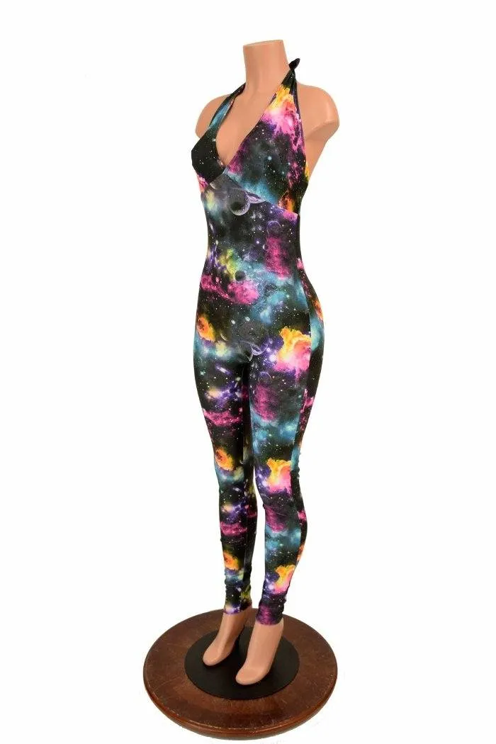 Ready to Ship UV Glow Galaxy Print Halter Catsuit XL