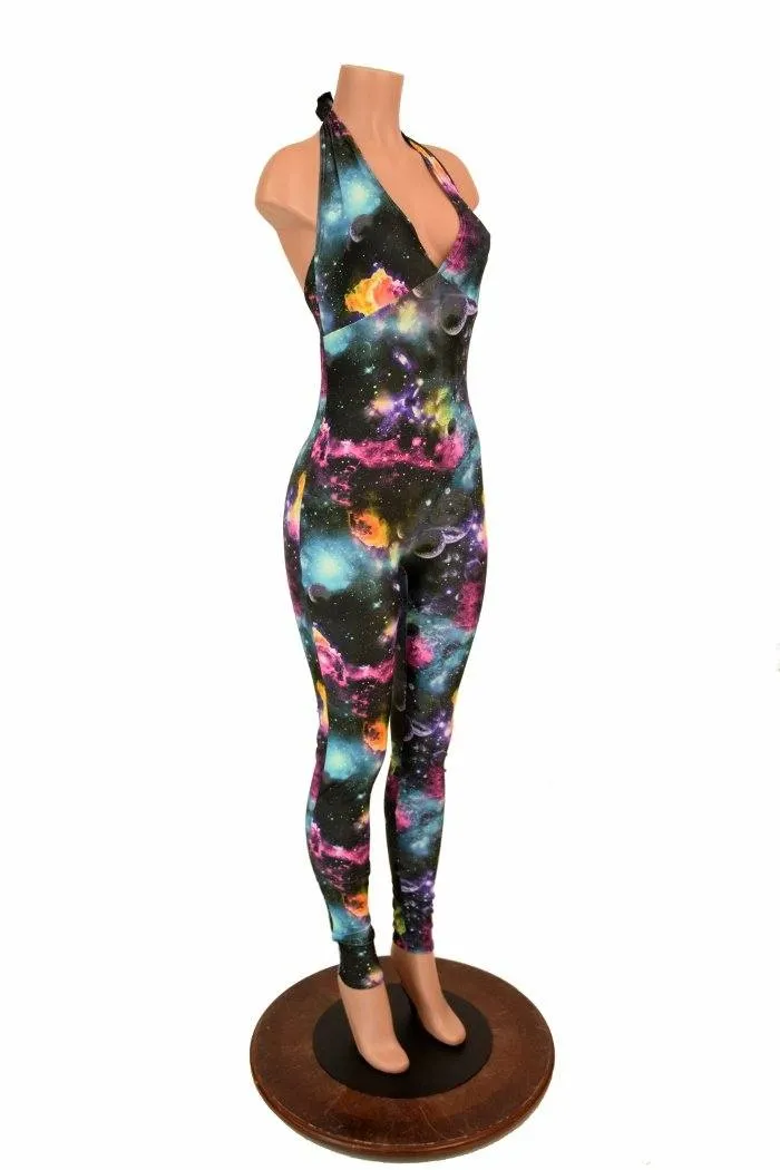 Ready to Ship UV Glow Galaxy Print Halter Catsuit XL