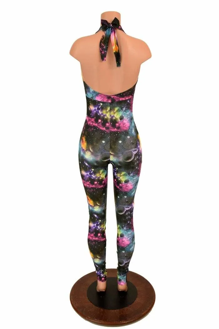 Ready to Ship UV Glow Galaxy Print Halter Catsuit XL