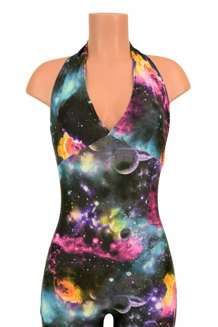 Ready to Ship UV Glow Galaxy Print Halter Catsuit XL