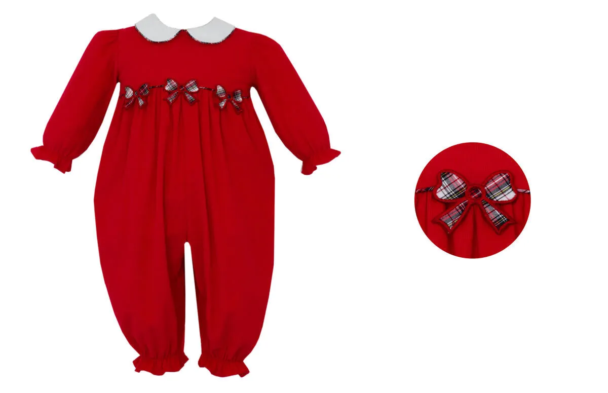 Red Corduroy Romper w/ Plaid Holiday Bows SS