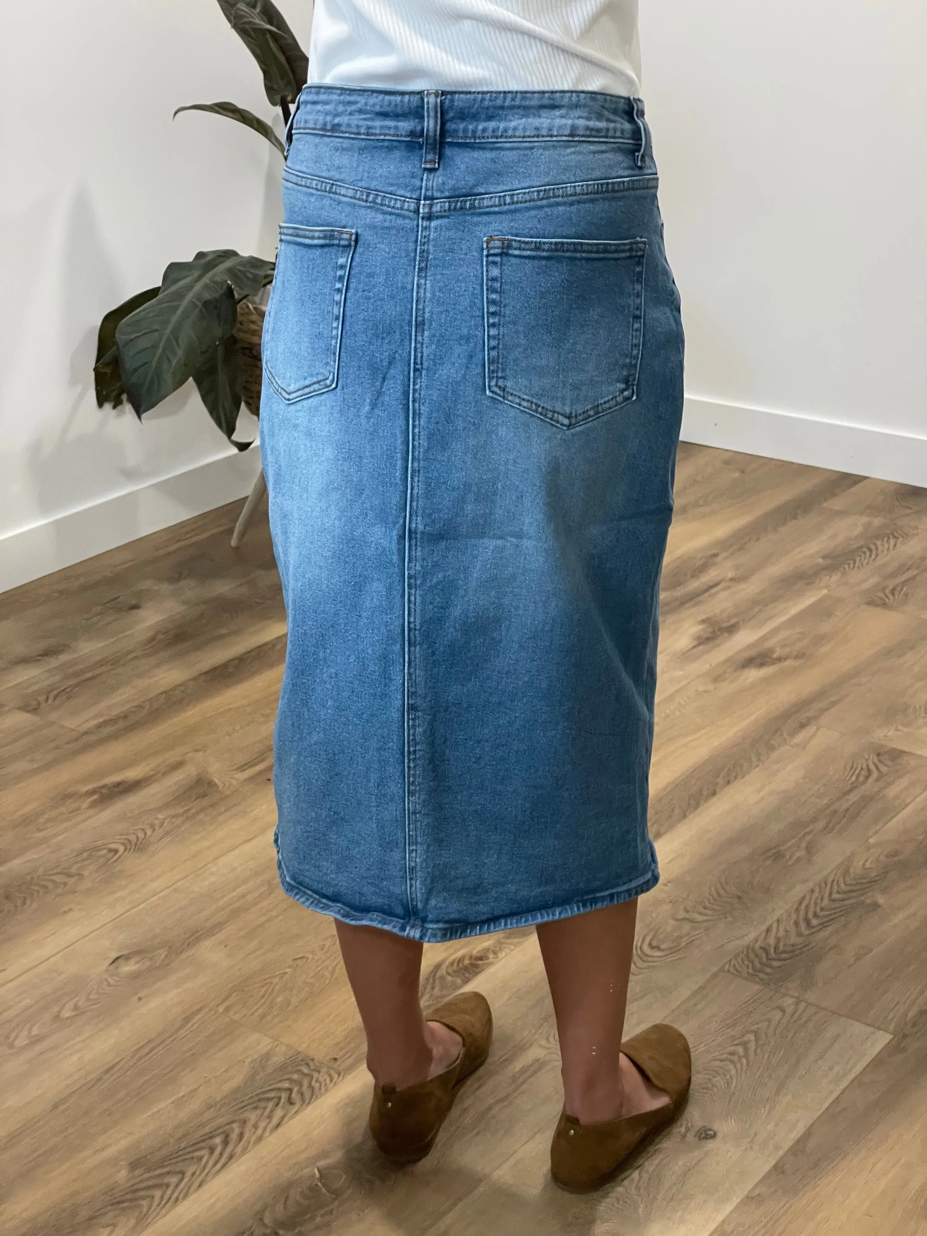 Remi Light Wash Denim Midi Skirt