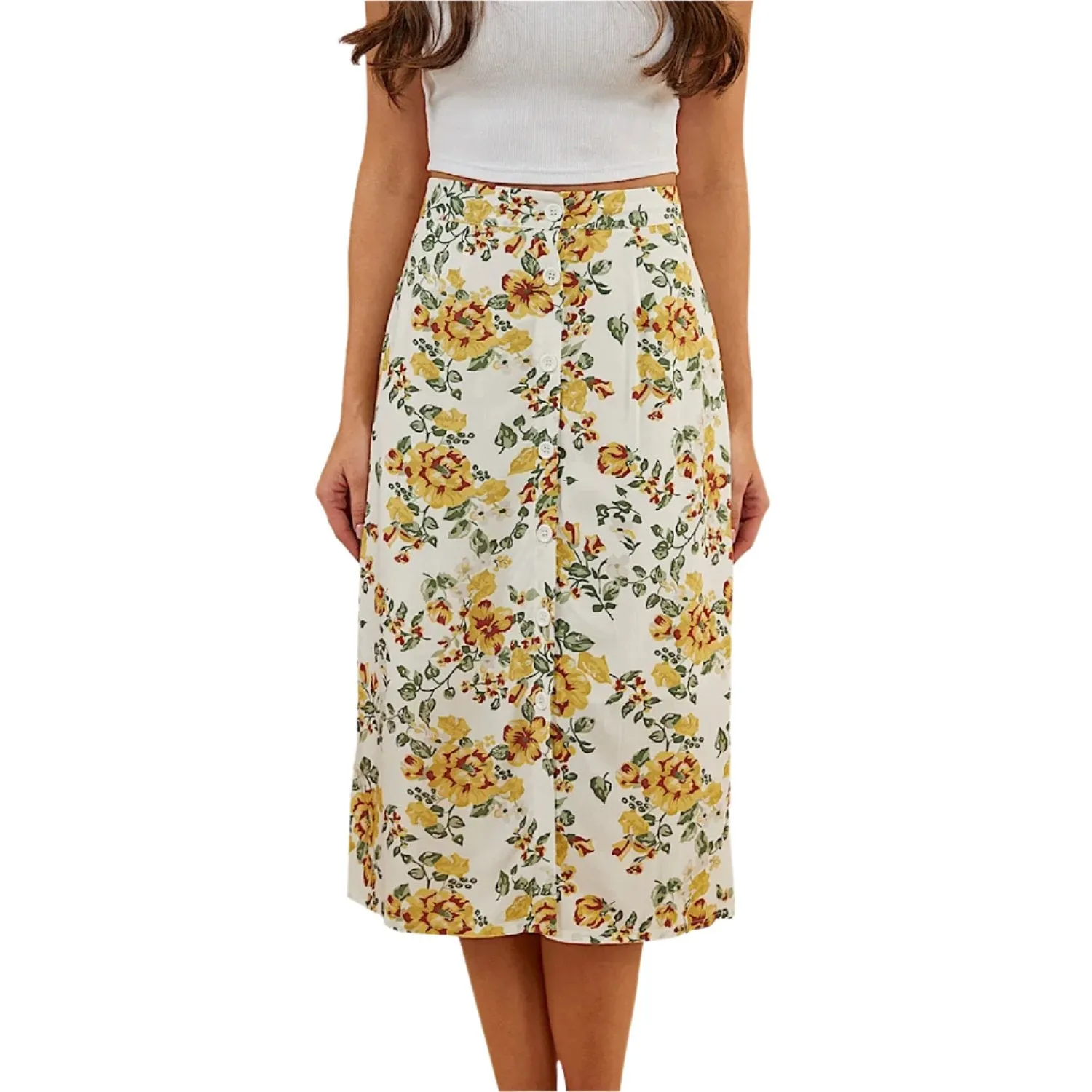 Ringers Western Women's Rosabel Midi Skirt - White Yellow Roses