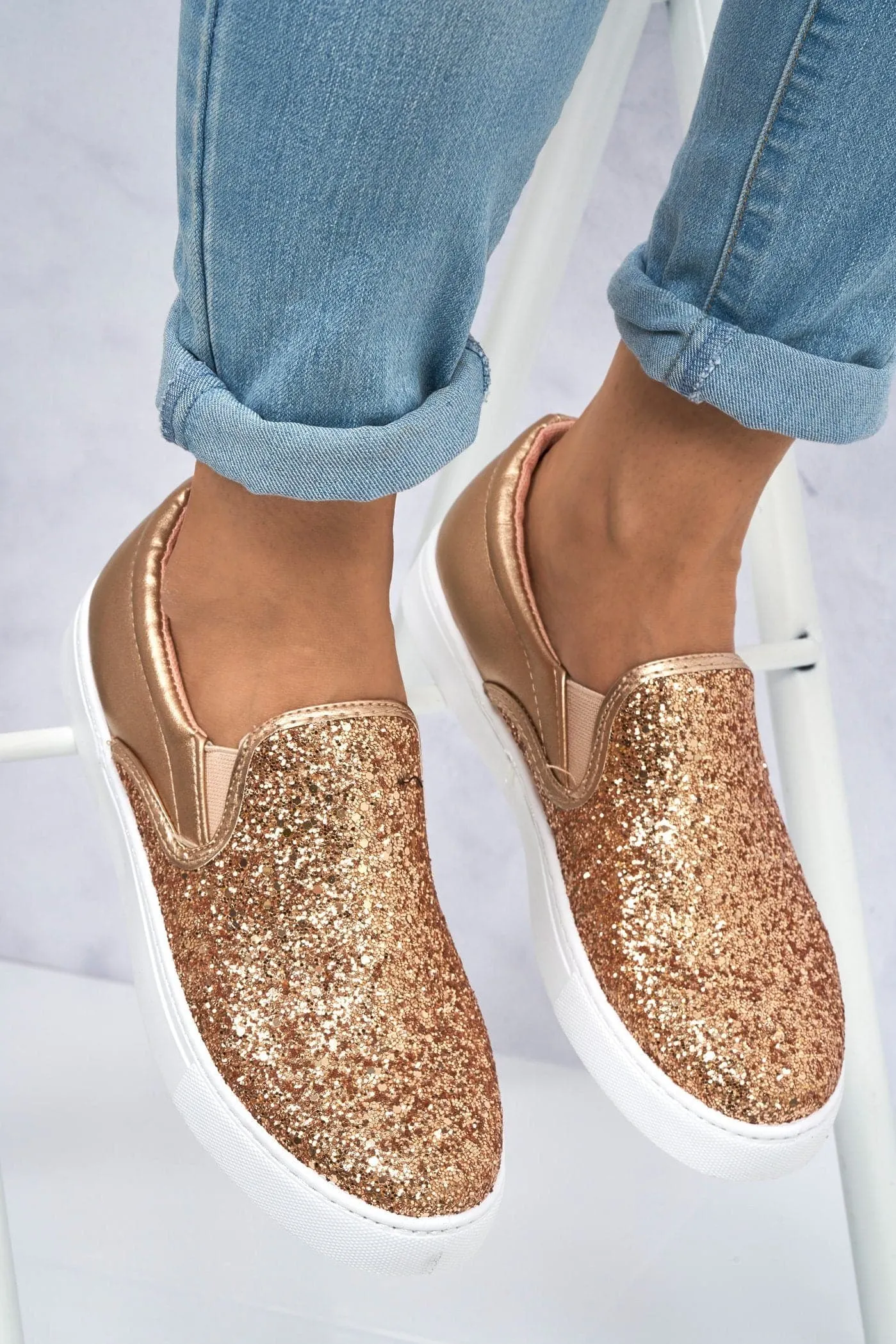 Ritzy Slip On Glitter Skater Pump in Rose Gold