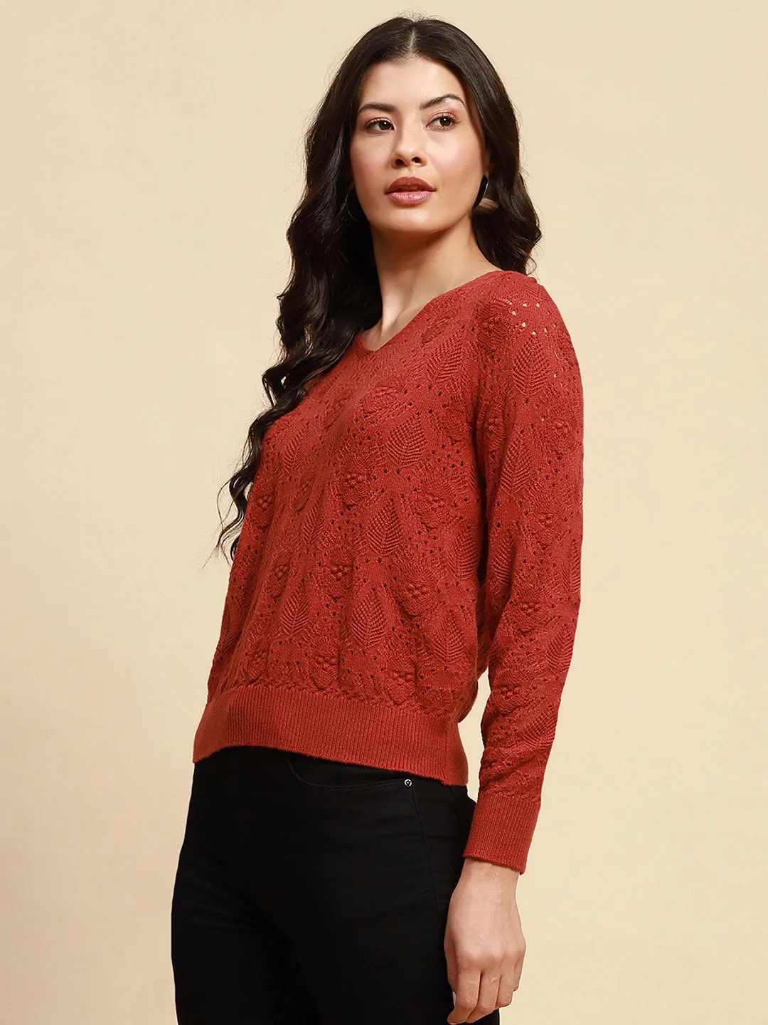 Rust Viscose Blend Relaxed Fit Pullover For Women