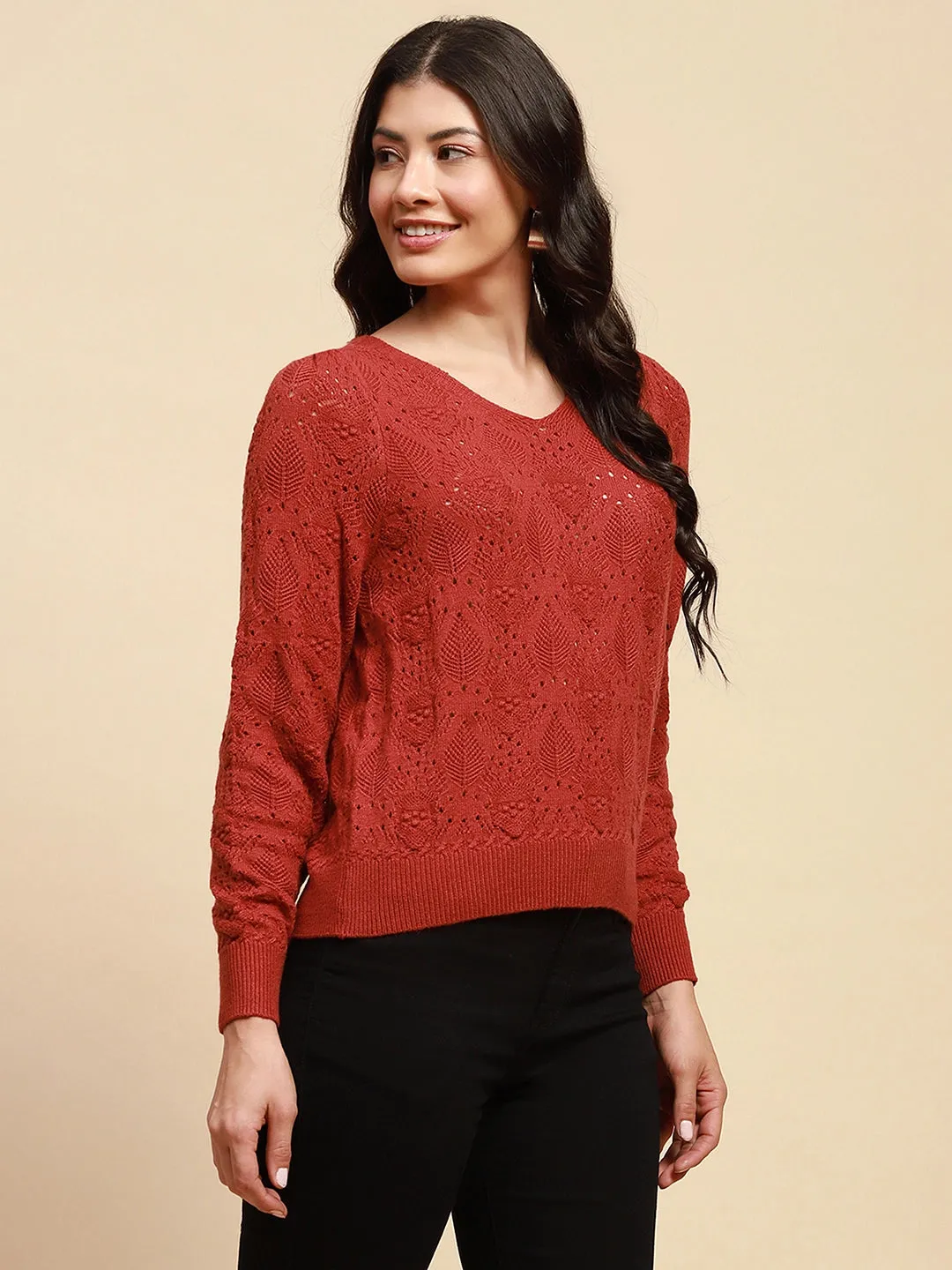 Rust Viscose Blend Relaxed Fit Pullover For Women